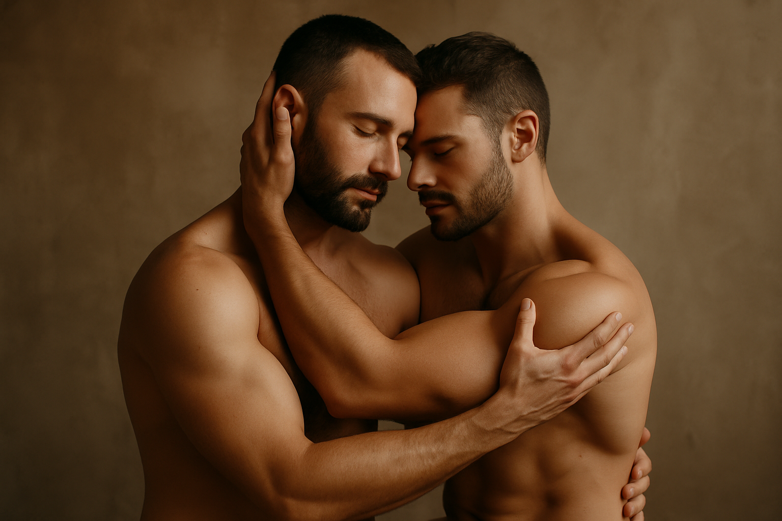 Two shirtless, muscular men lovingly embracing each other in a peaceful, intimate moment. They are seated in a natural setting, eyes closed, embodying emotional connection, trust, and unity.