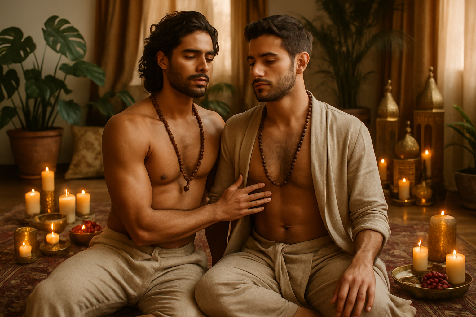 Two man, love, tantra, gay connection, candles, spiritual