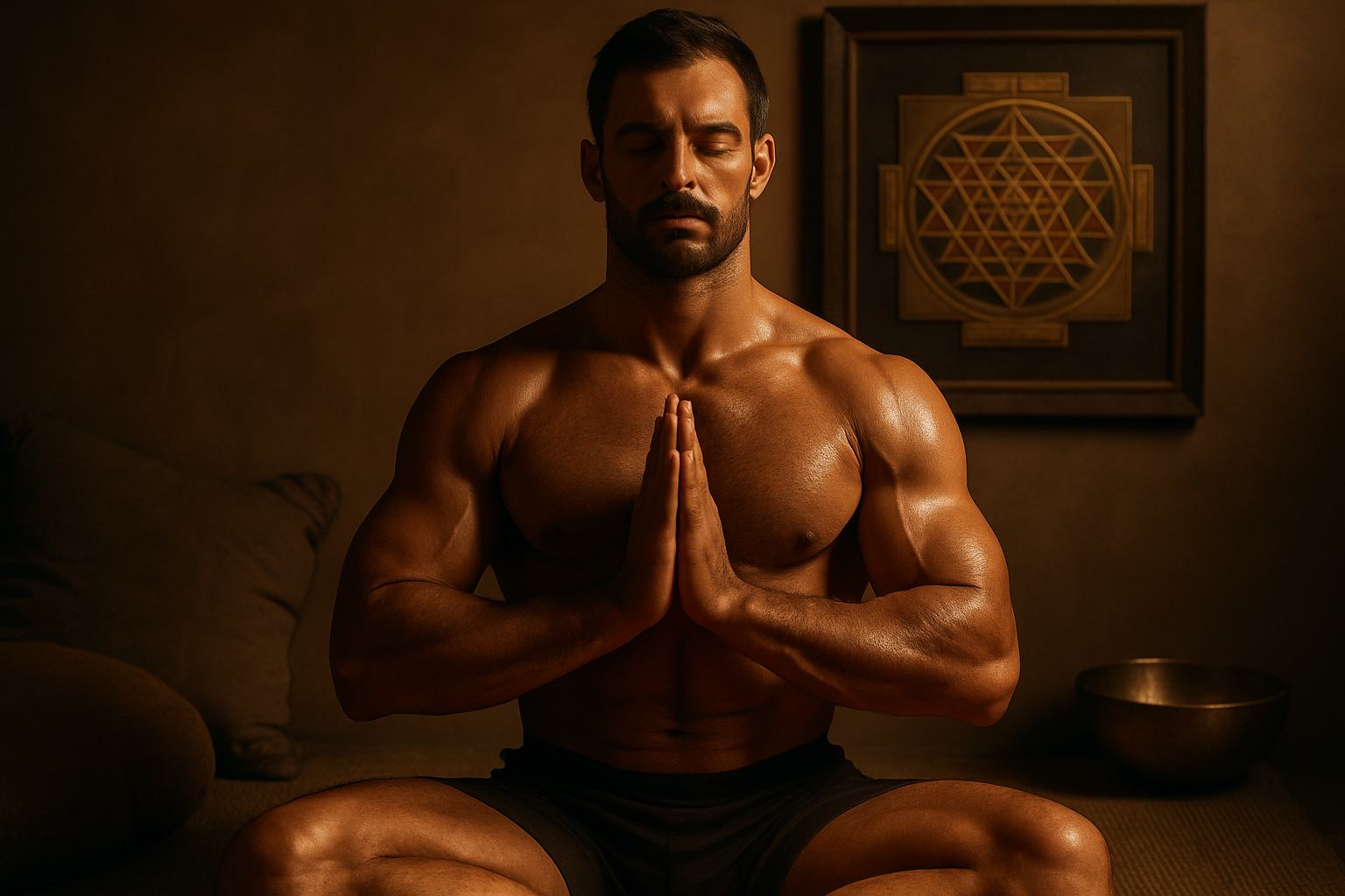 A confident, muscular man practicing tantra meditation shirtless in a serene, softly lit space, embodying empowerment, spiritual connection, and masculine energy.