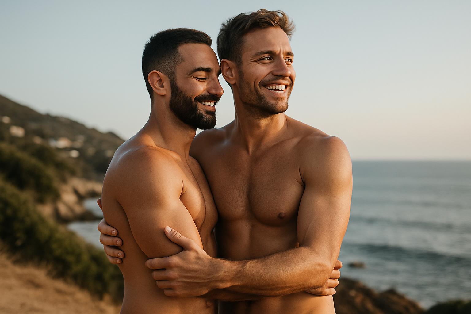 Empowered shirtless gay couple embracing and smiling while looking at the horizon, symbolizing strength, freedom, and connection in a serene outdoor setting.