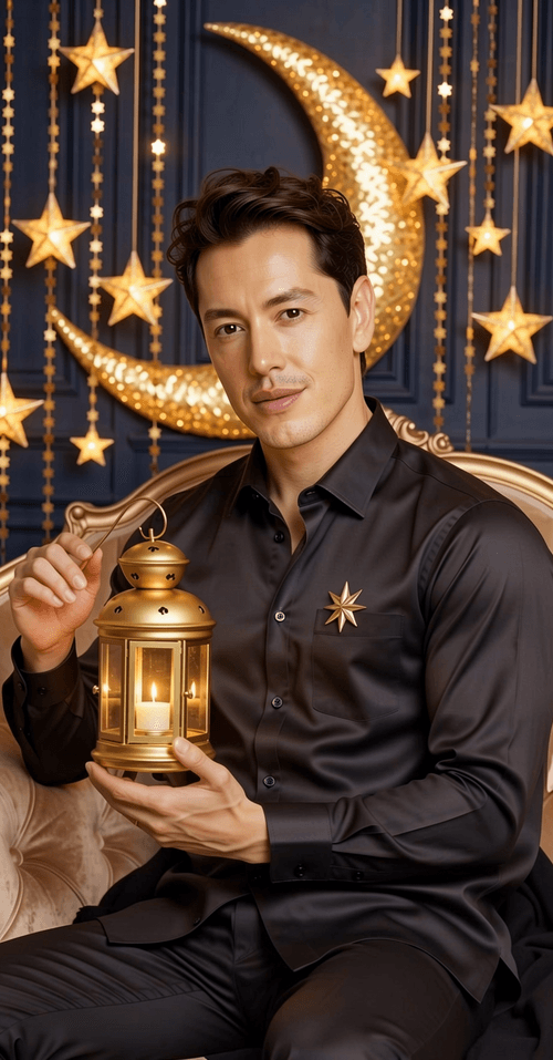 Man in black shirt holding a lit golden lantern with golden moon and stars in the background.