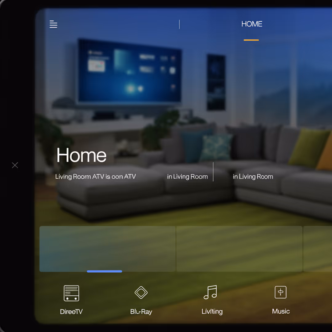 Smart home automation interface on tablet screen controlling living room entertainment, lighting, and music in a luxury Southern California home.