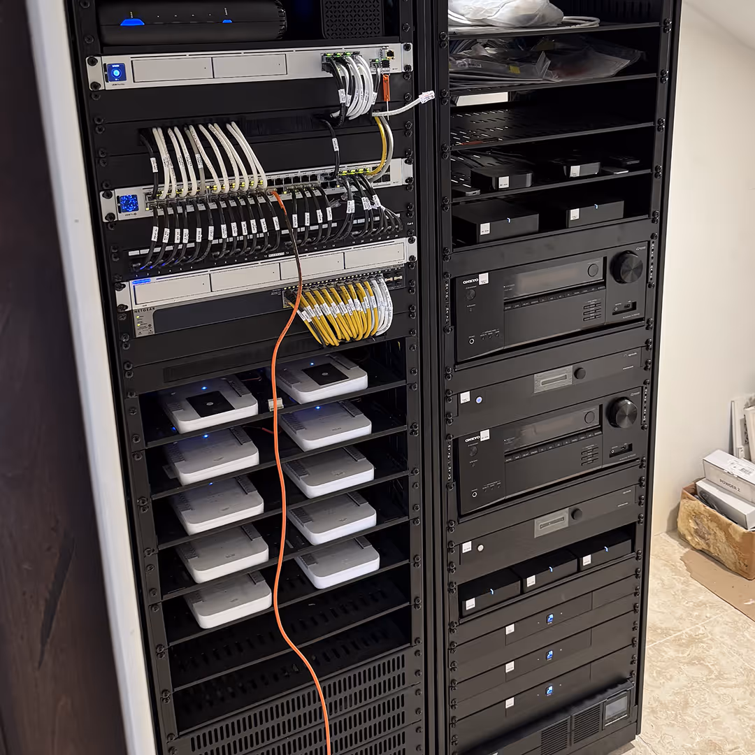 Enterprise-grade home networking rack with AV distribution, wired connections, and smart home integration installed by Totally Wired Electric in Southern California.