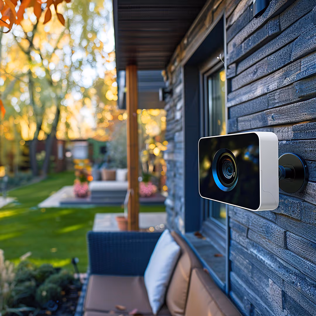 Outdoor smart security camera installed on luxury home exterior for 24/7 surveillance and remote monitoring by Totally Wired Electric.