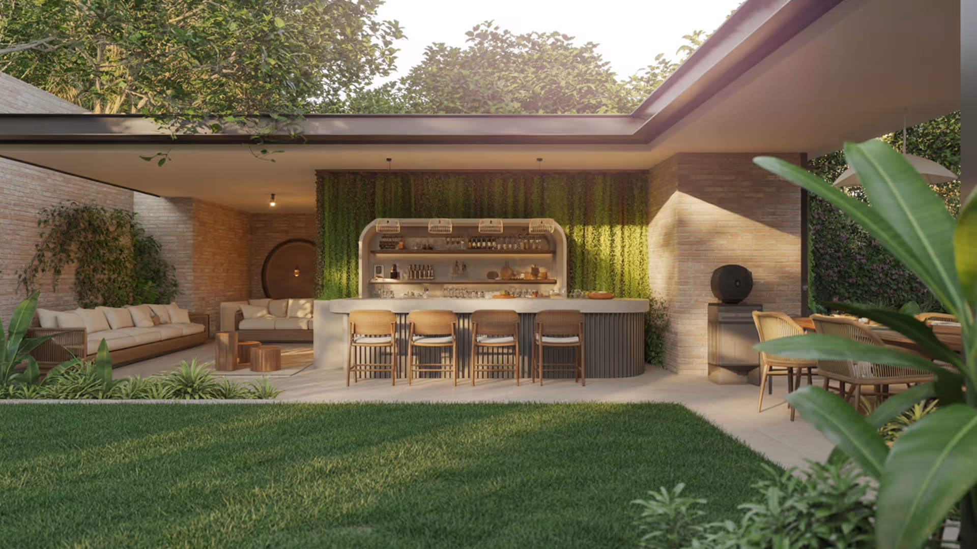 Luxury outdoor living space with custom lighting, integrated sound system, and smart entertainment design by Totally Wired Electric in Southern California.