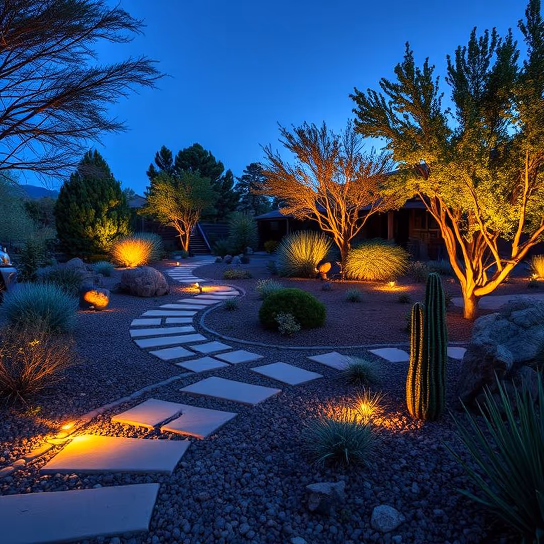 Luxury landscape lighting illuminating a desert garden pathway and trees, designed and installed by Totally Wired Electric in Southern California.