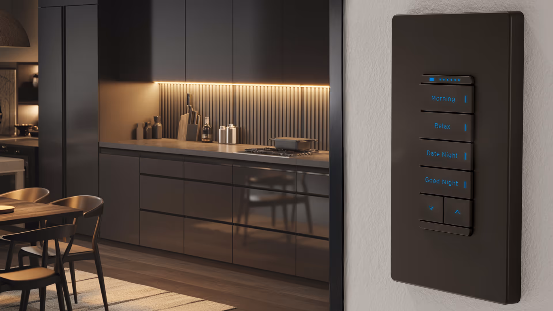 Smart home automation wall control panel for custom lighting and scene settings in a luxury modern kitchen, installed in Southern California home.