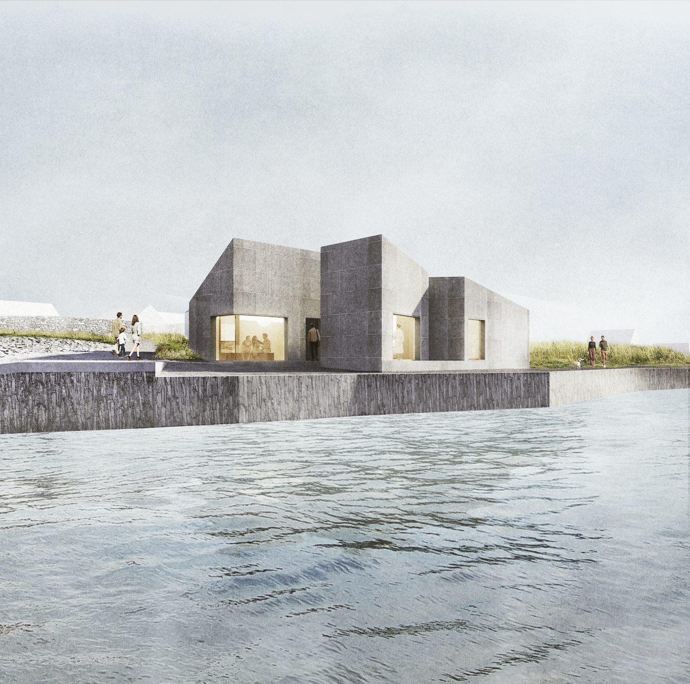 Modern concrete building with large windows by calm waterfront and people walking nearby on a cloudy day.