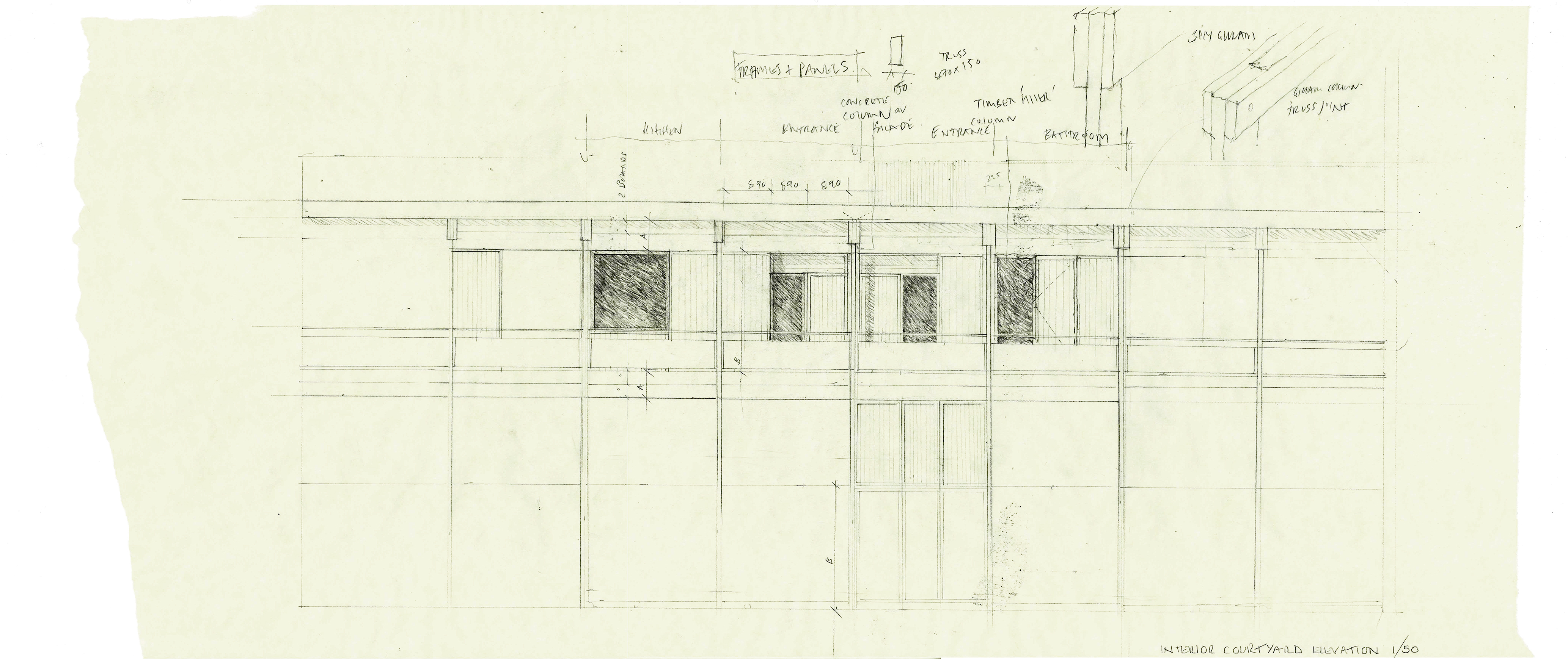Architectural pencil sketch of an interior courtyard elevation showing structural columns, window and door placements, and handwritten notes on framing and panels.