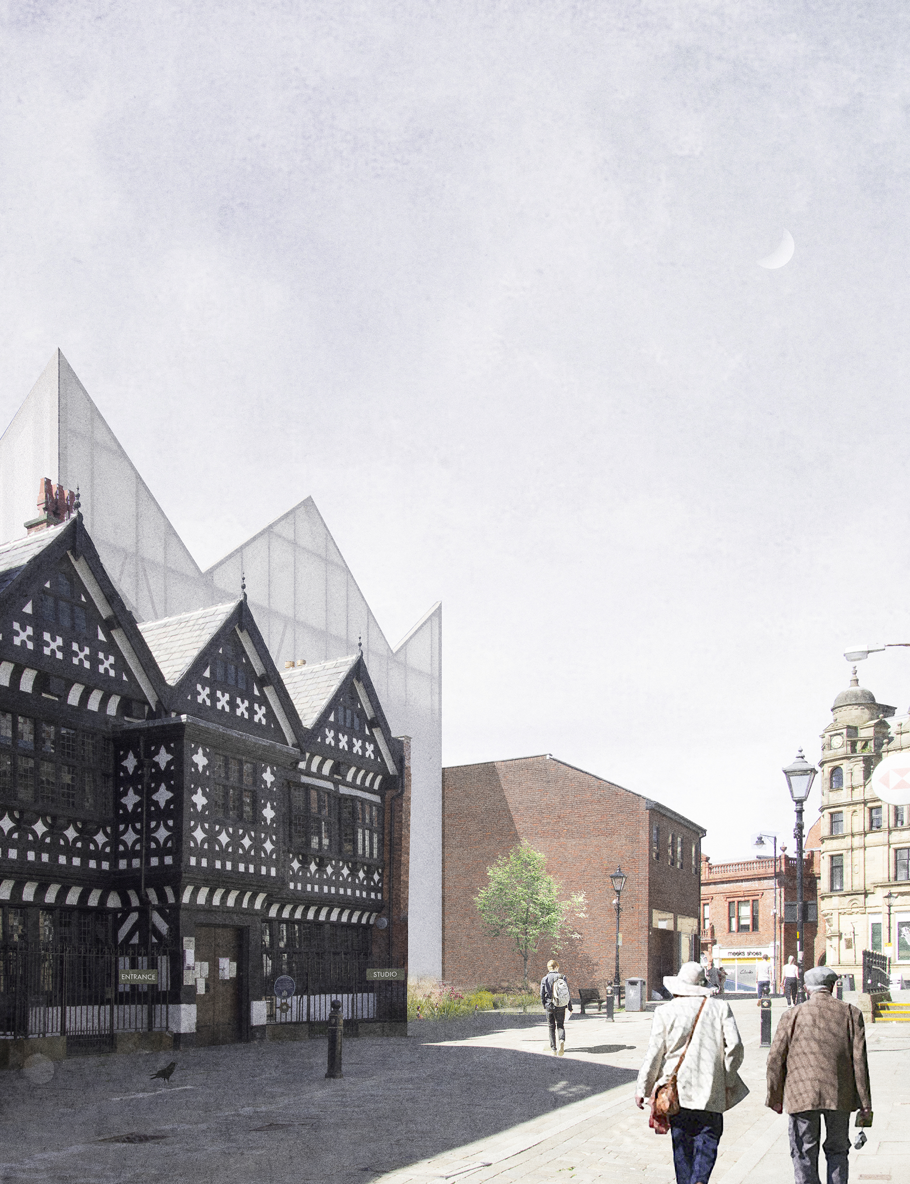 Street scene with people walking past a black and white Tudor-style building with a translucent timber and chainmail architectural extension behind it, and brick buildings in the background.