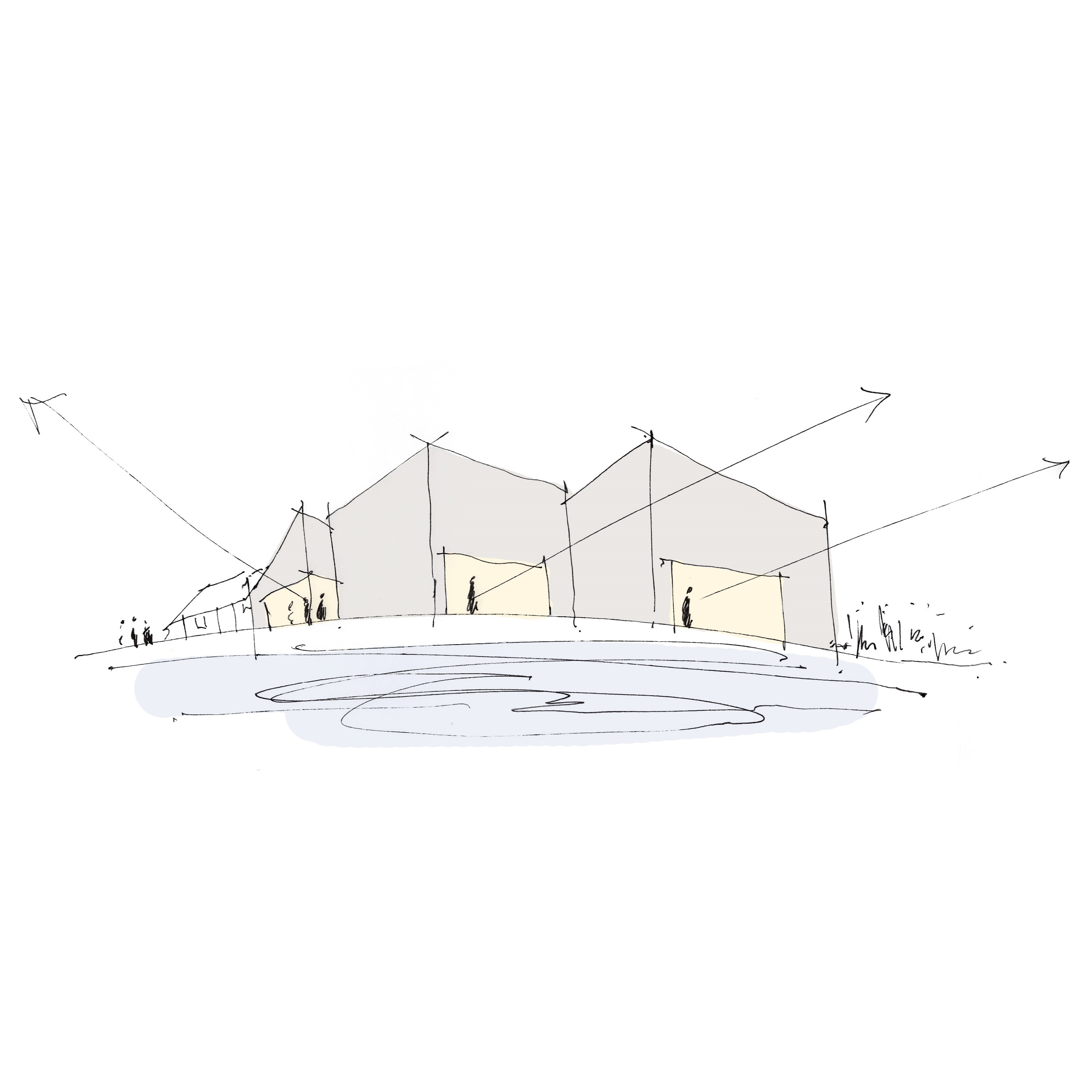 Minimalist architectural sketch of three slate buildings with large openings and small human figures around.