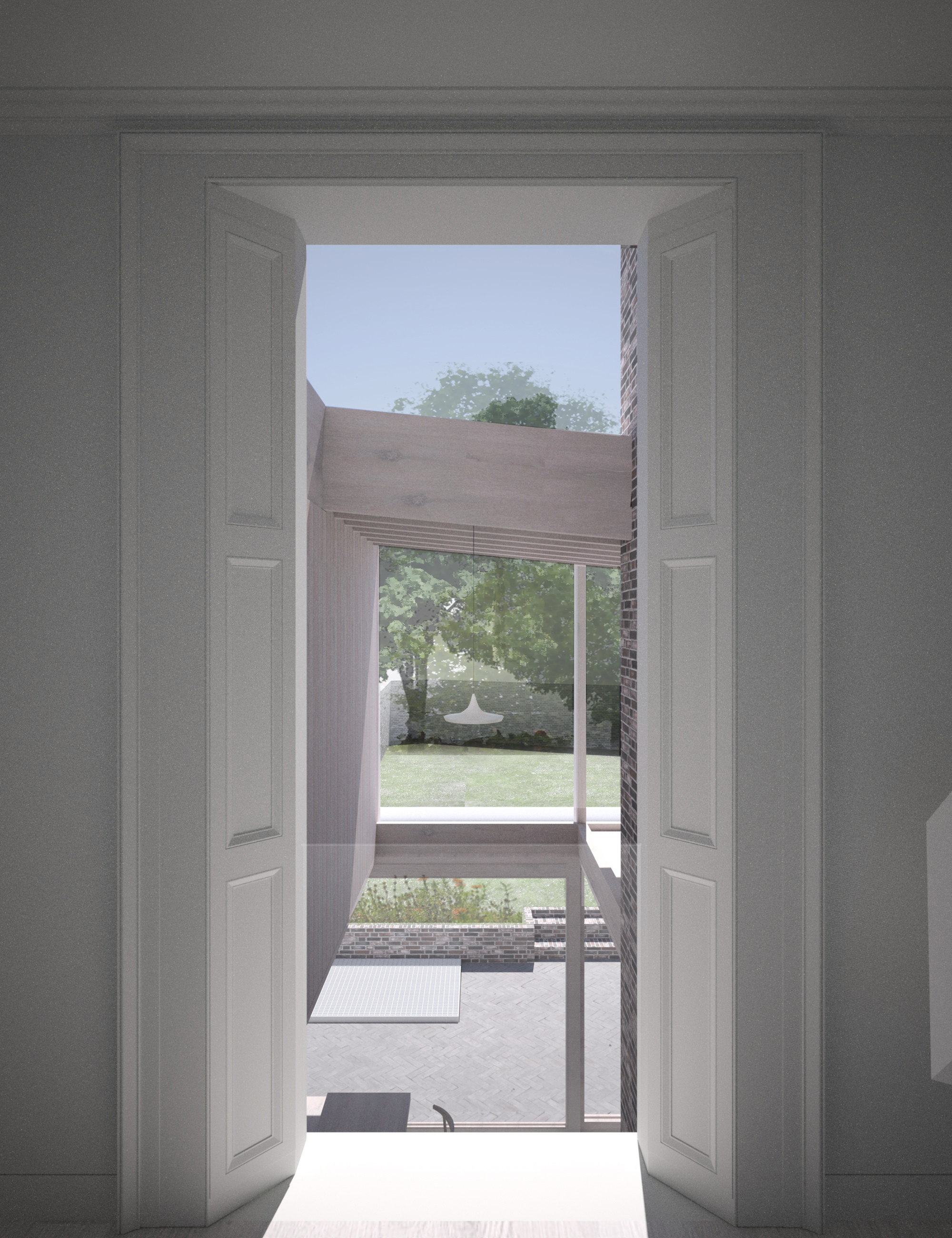 View through tall white double doors into a modern outdoor patio with wooden beams and a green garden beyond.