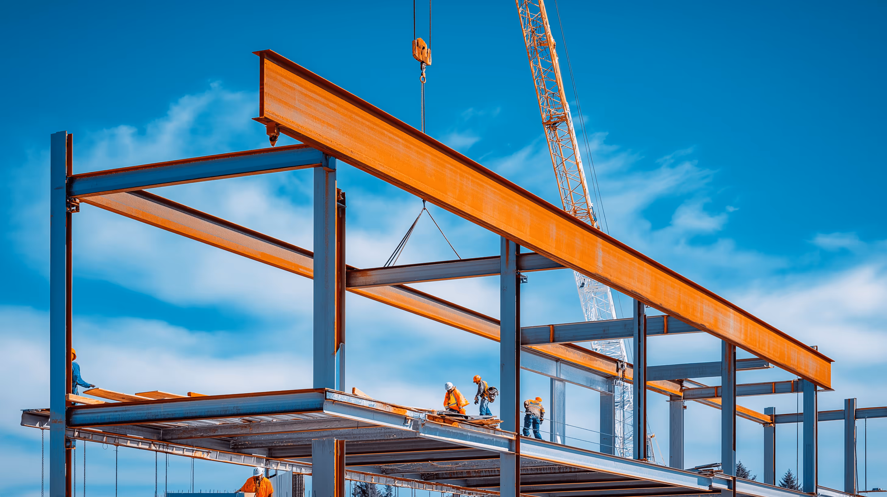 Structural steel beam installation for commercial building construction