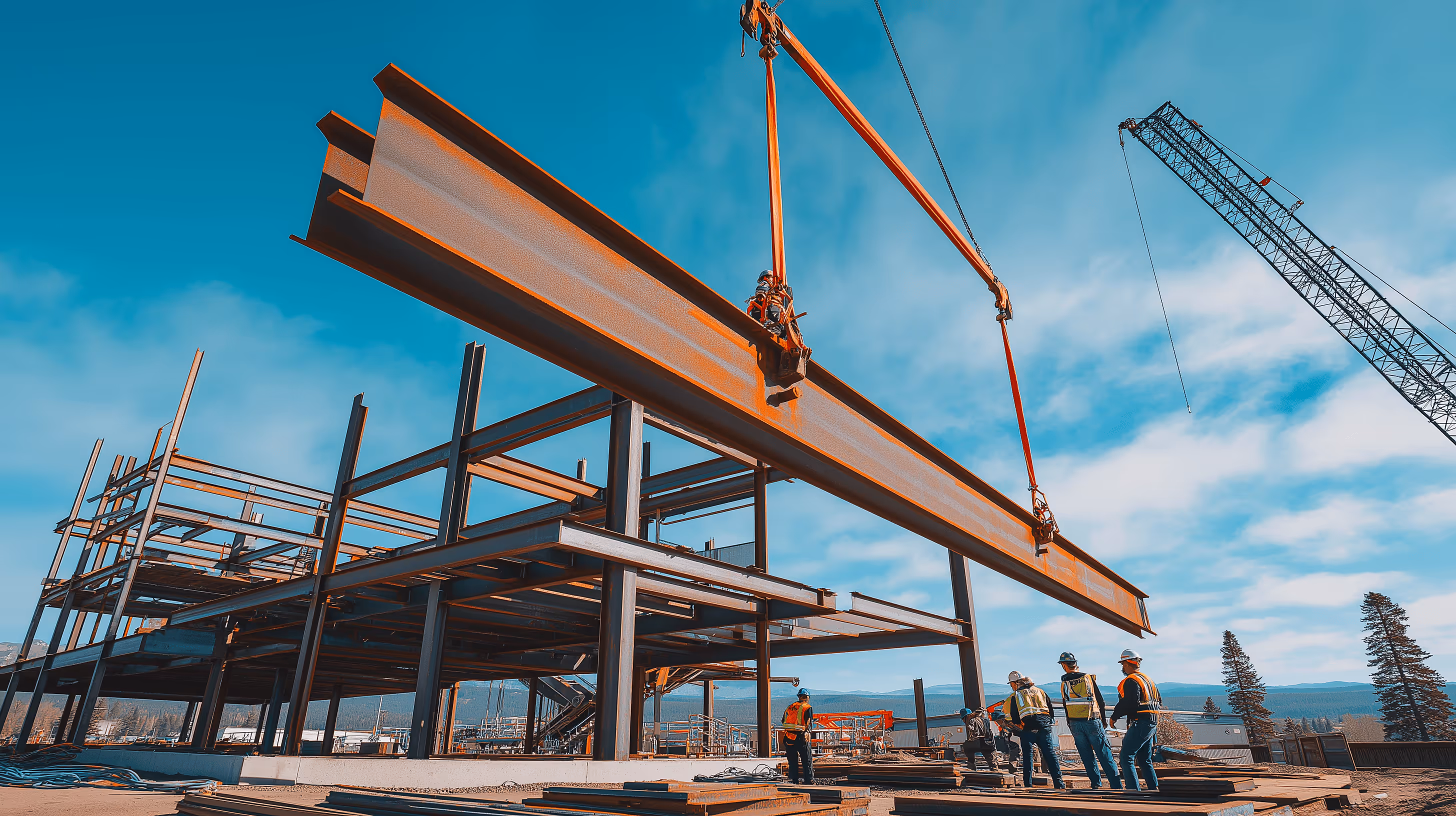 Steel frame erection with crane for multi-story building project