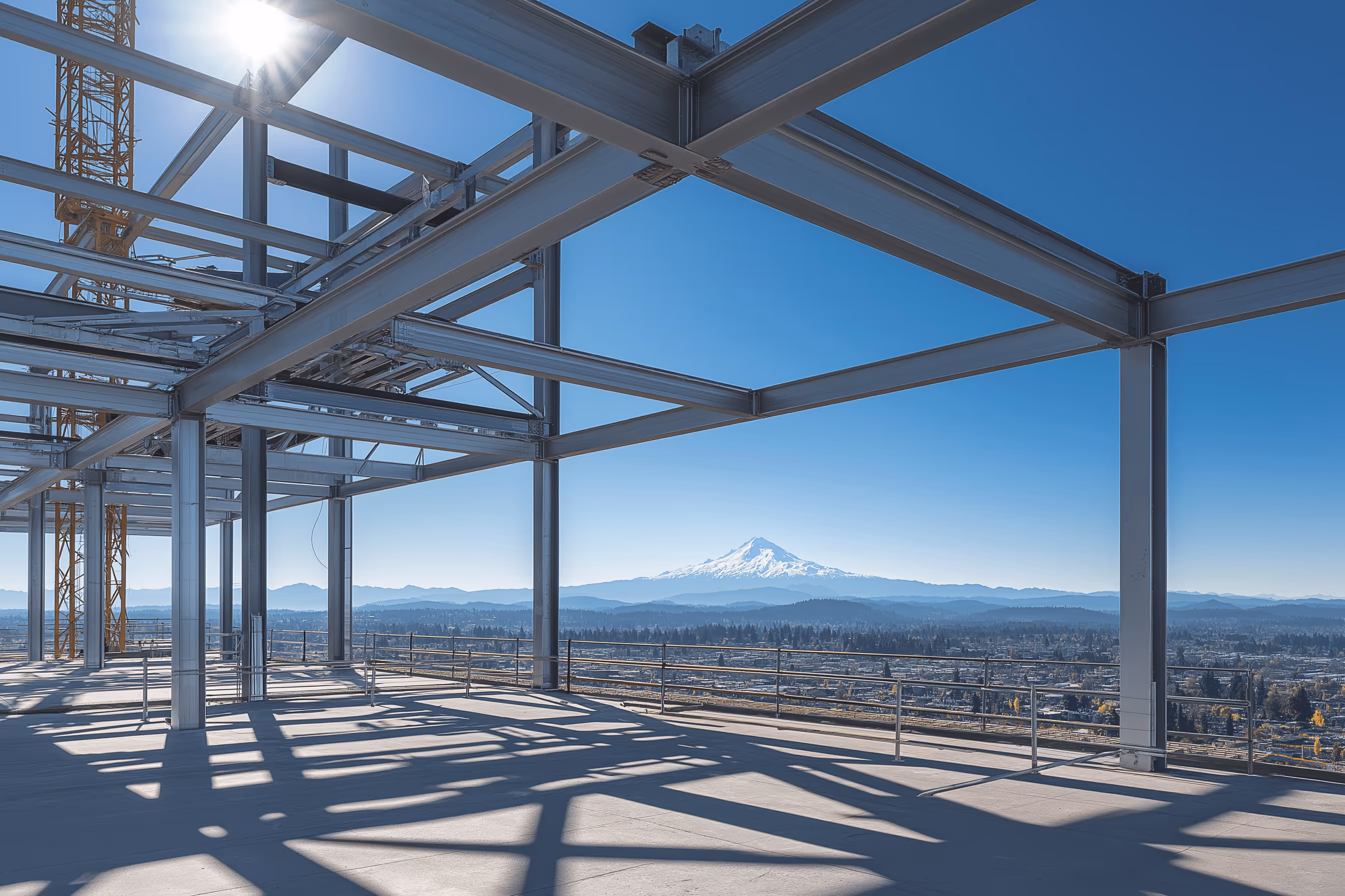 Structural steel column and beam assembly on construction site
