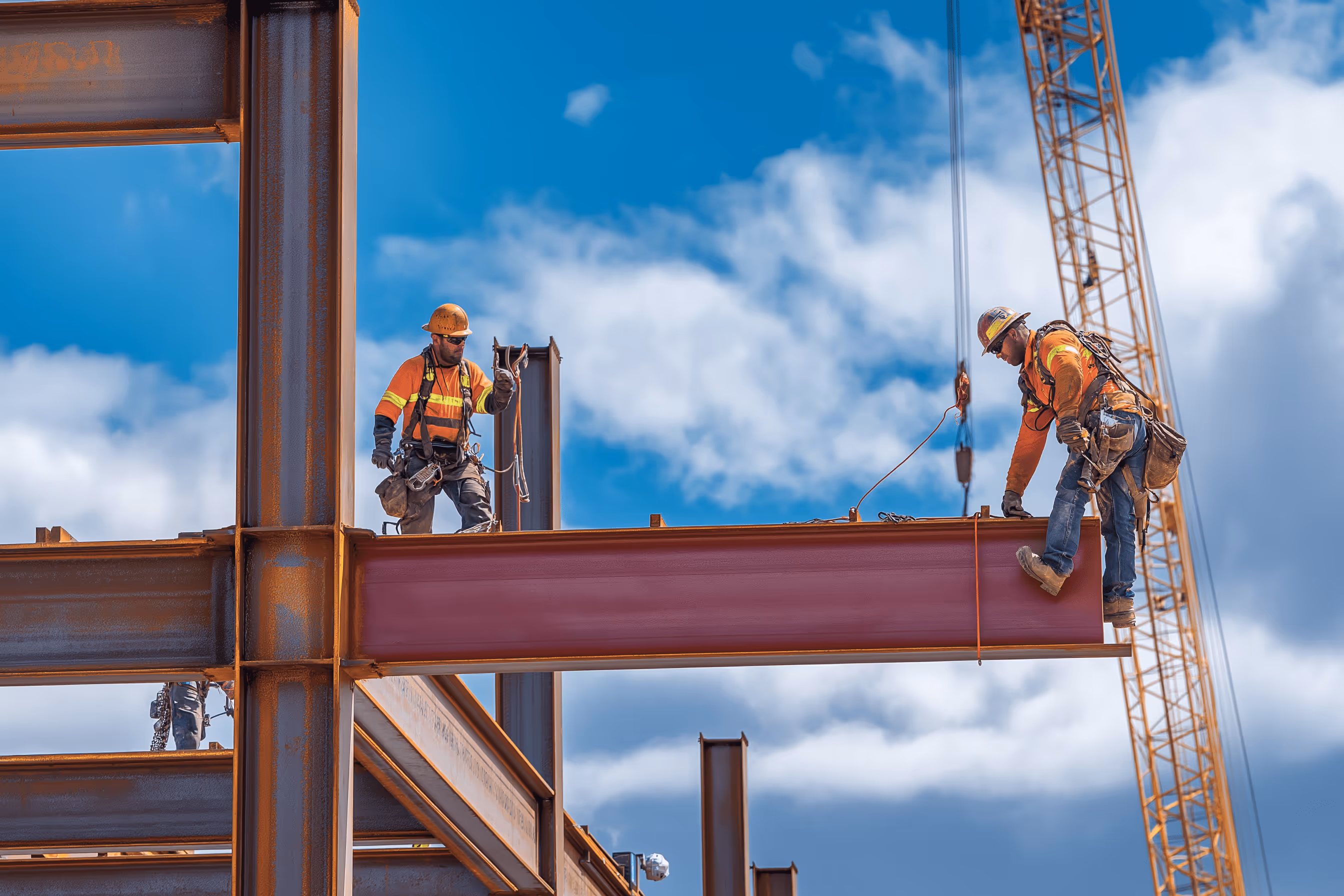 Steel building framework and structural beam installation