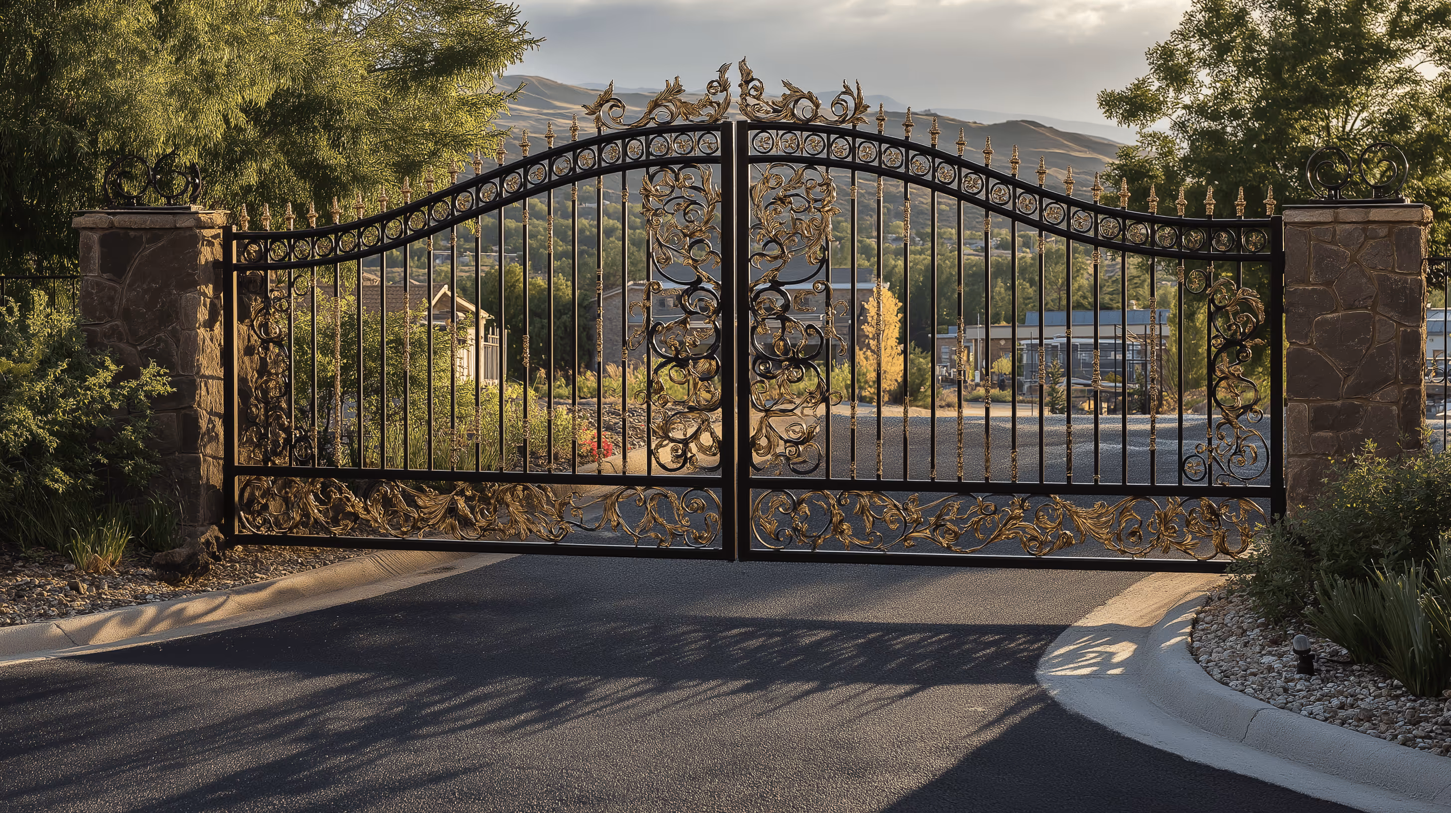 Wrought iron fence with decorative gate and metalwork details