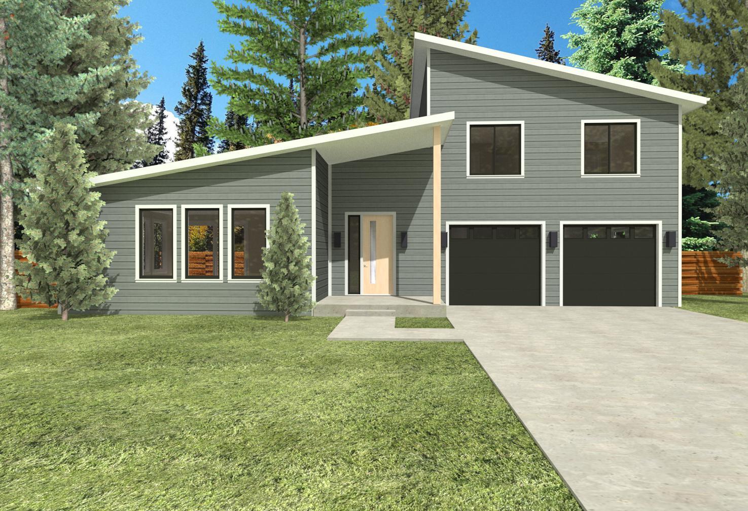 rendering of a modern angular house with two garages
