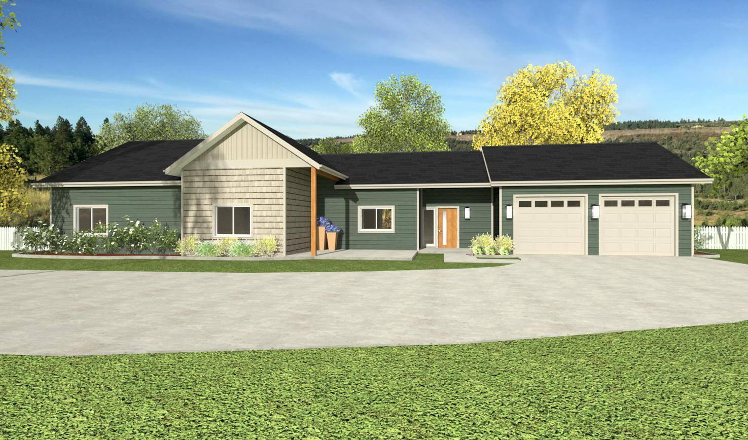 rendering of a single story house with double garage doors in a traditional style