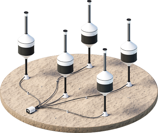 Ilustración en 3D de las cápsulas de desalinización submarina OceanWell conectadas en el fondo marino para la producción modular de agua.