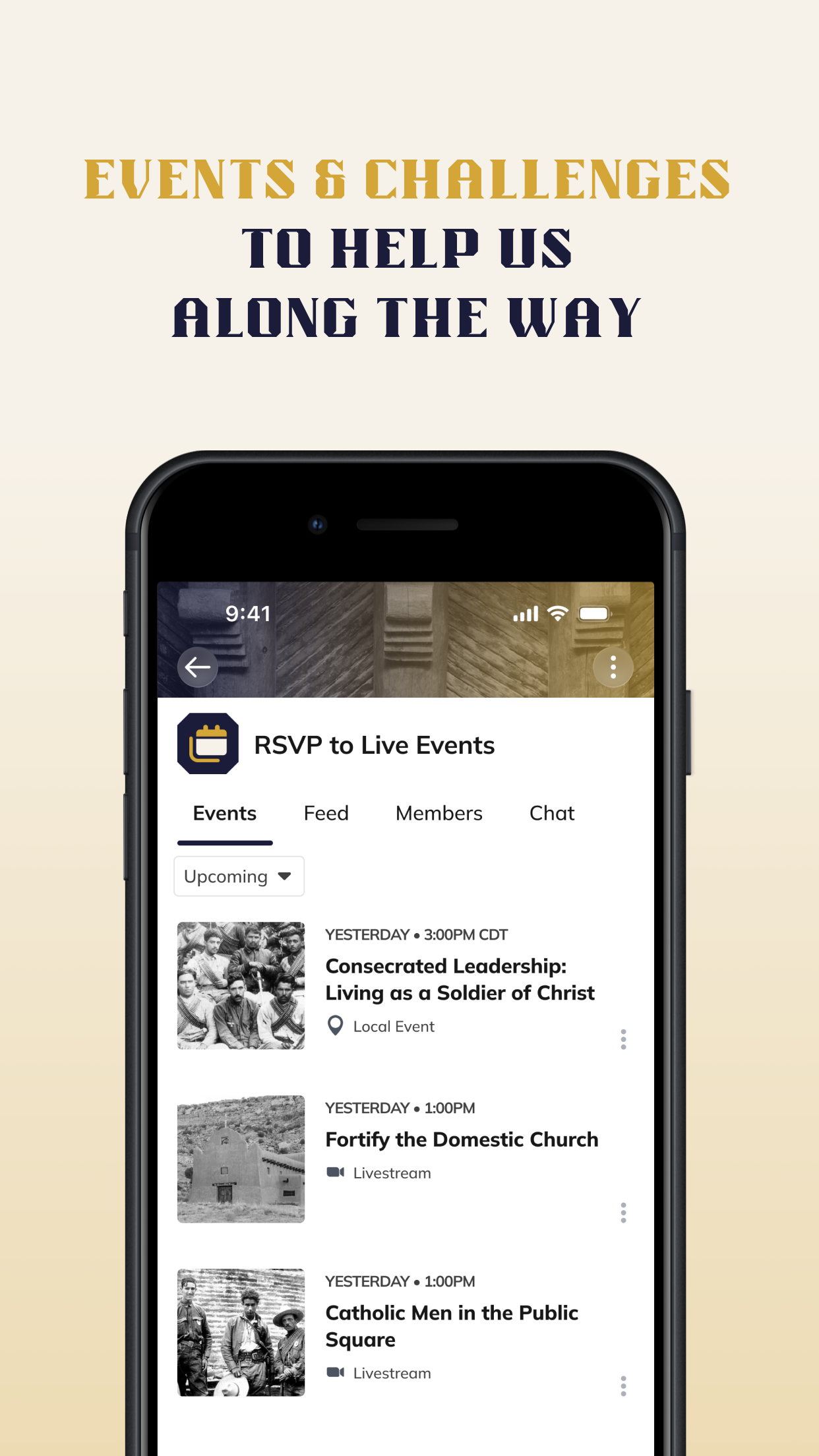 Mockup showing events and challenges the Cristeros Community app offers.