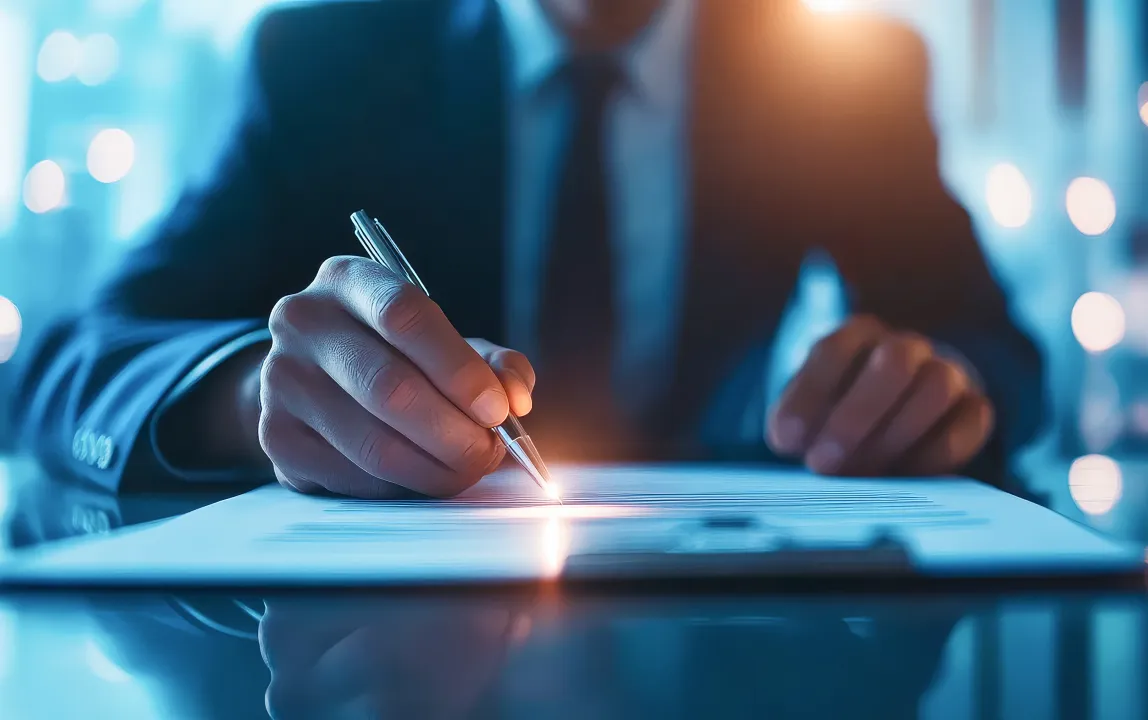 Close-up of a businessperson in a suit signing a formal document with a pen on a desk.