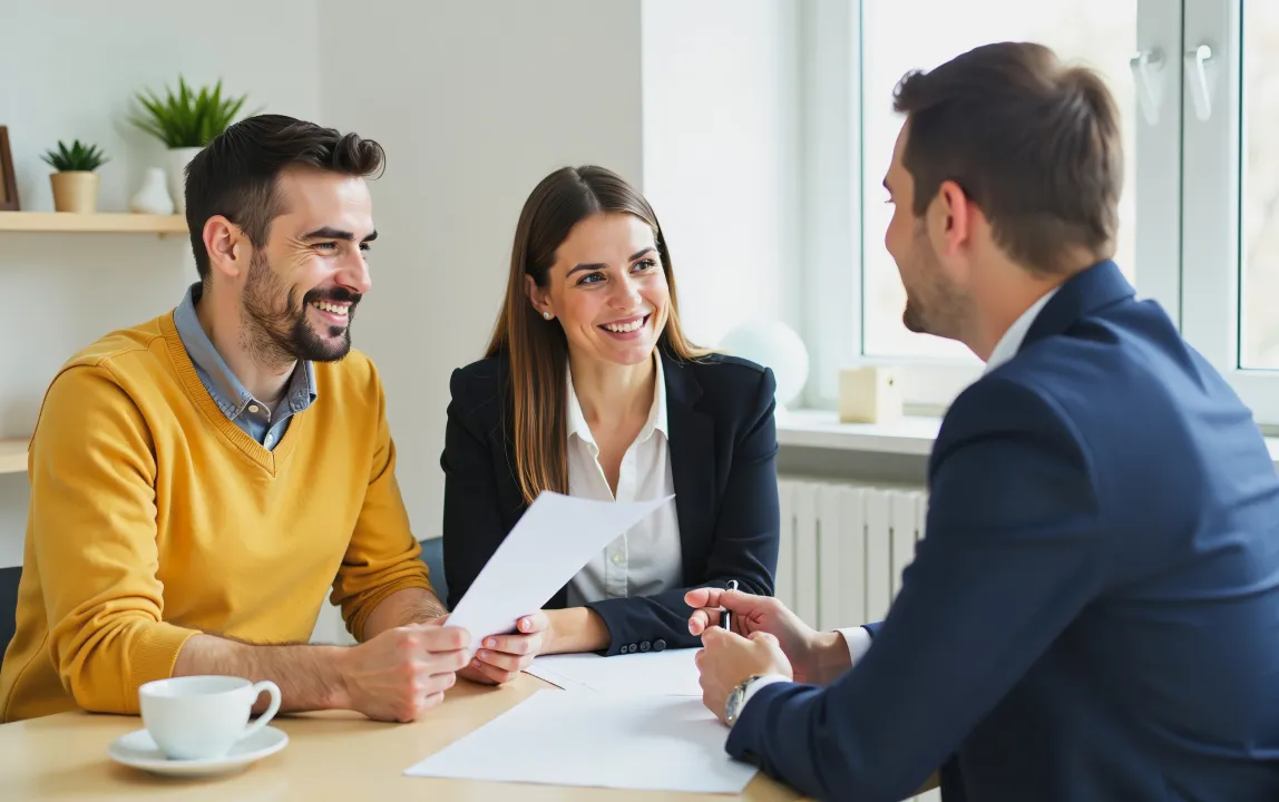 Photo of a group of people sitting behind a desk with an investor, expressing interest in making a deal.
