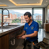Professional plumber in blue shirt repairing pipes under a kitchen sink with a city view through large windows.