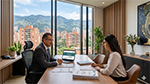 Two business professionals, a man and a woman, having a consultation in a modern office with a large window showing a city and mountains.