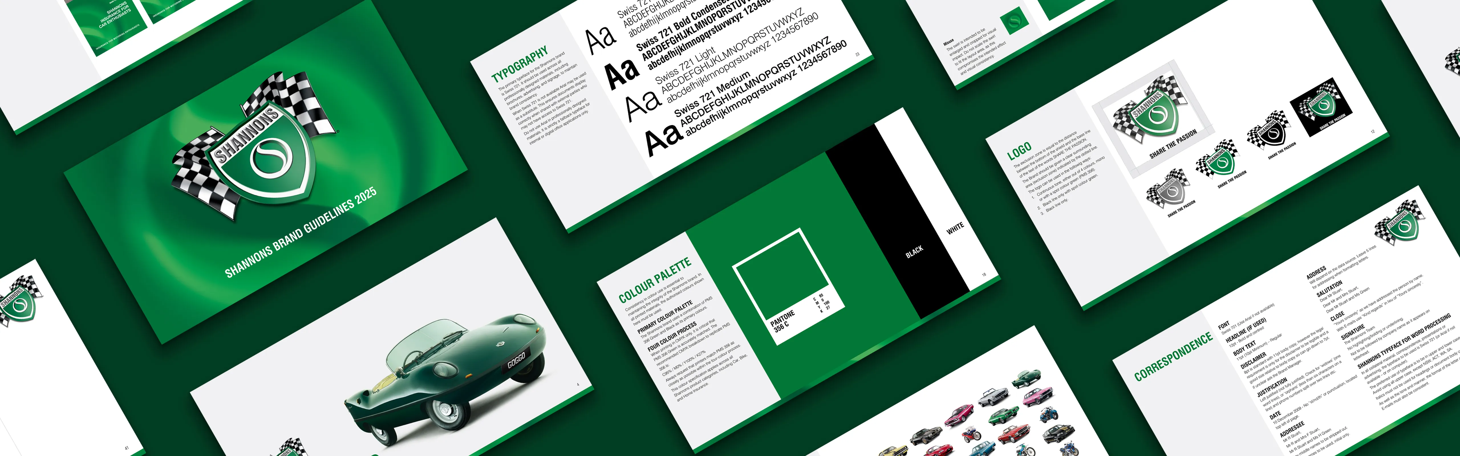 Overview of the Shannons Brand Guidelines showing logo, typography, colour palette, and visual identity elements.