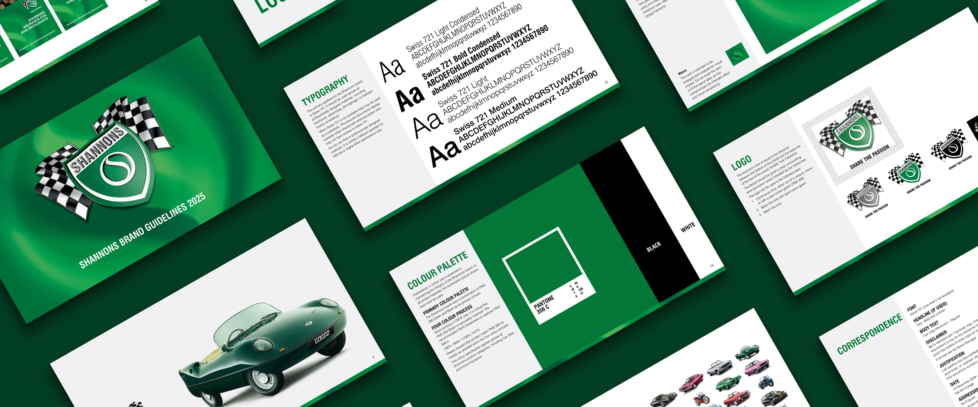 Overview of the Shannons Brand Guidelines showing logo, typography, colour palette, and visual identity elements.