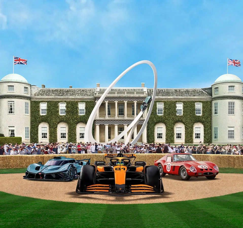 Shannons Goodwood Festival of Speed campaign hero image featuring McLaren F1 car, Bugatti, and Ferrari in front of Goodwood House.