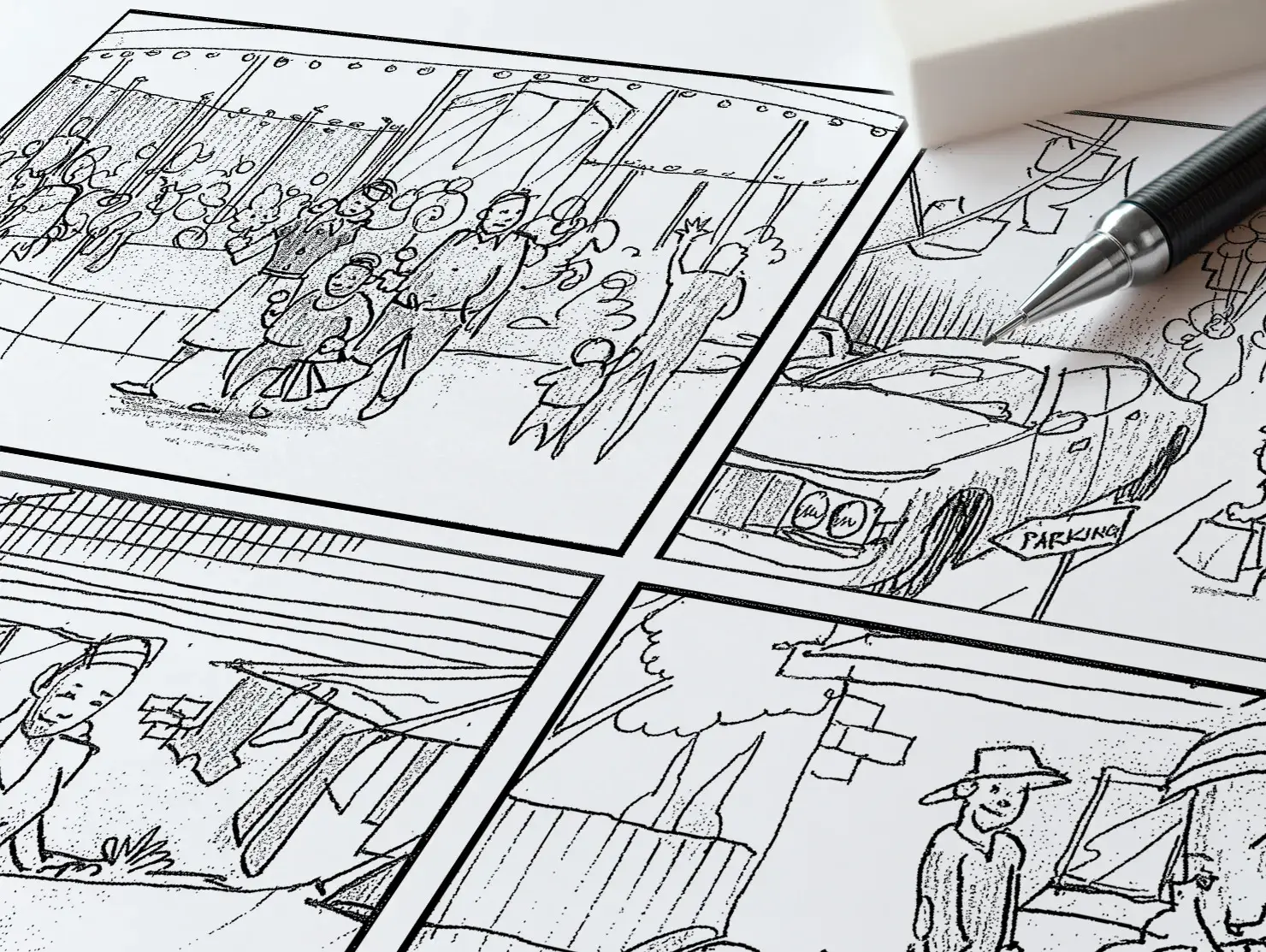 Hand-drawn storyboard panels, used in the planning of Shannons Insurance for Motoring Enthusiasts commercials.