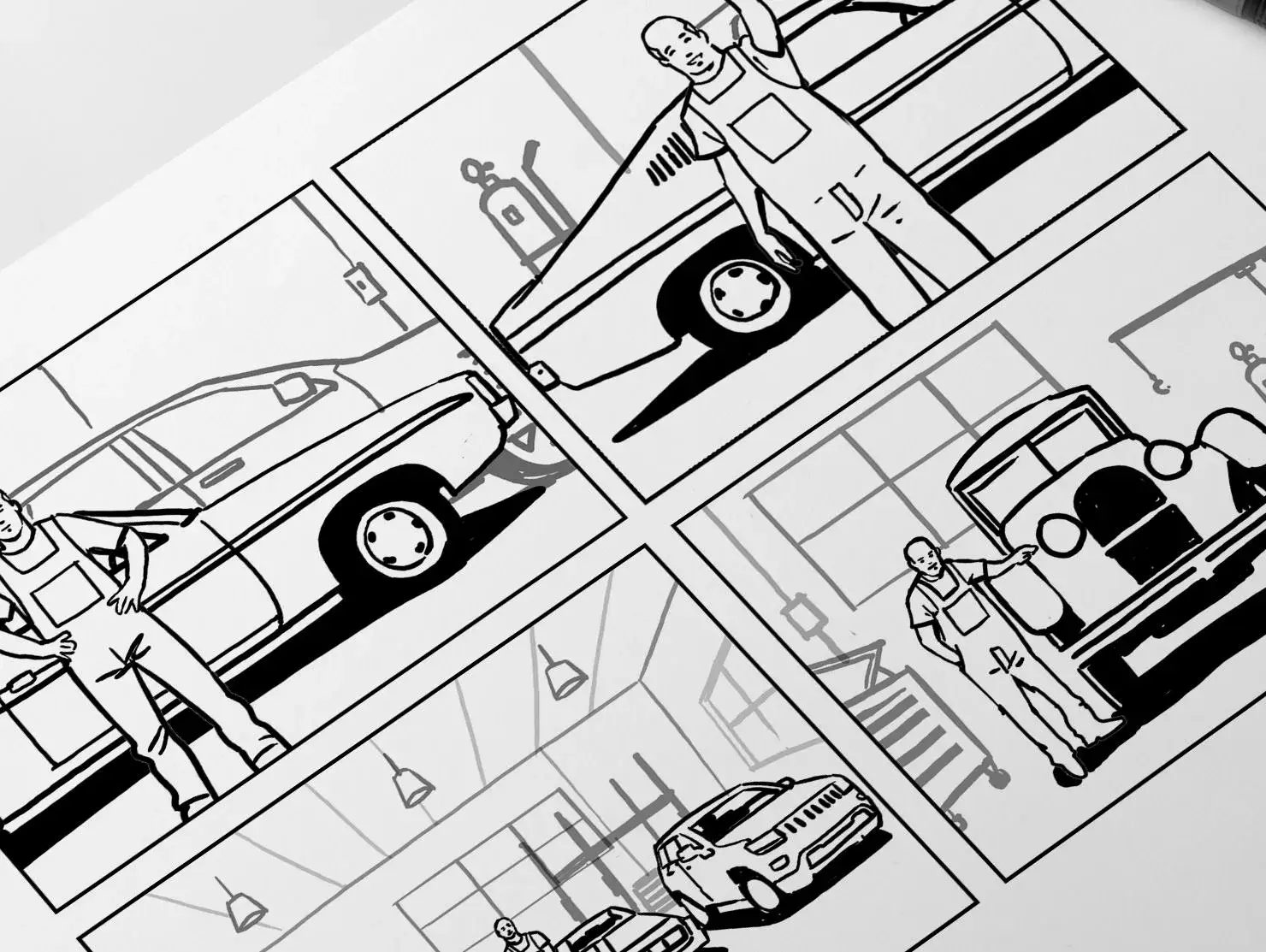 Storyboard showing a mechanic with classic and modern cars inside a garage, created for Shannons Insurance for Motoring Enthusiasts TV commercial.