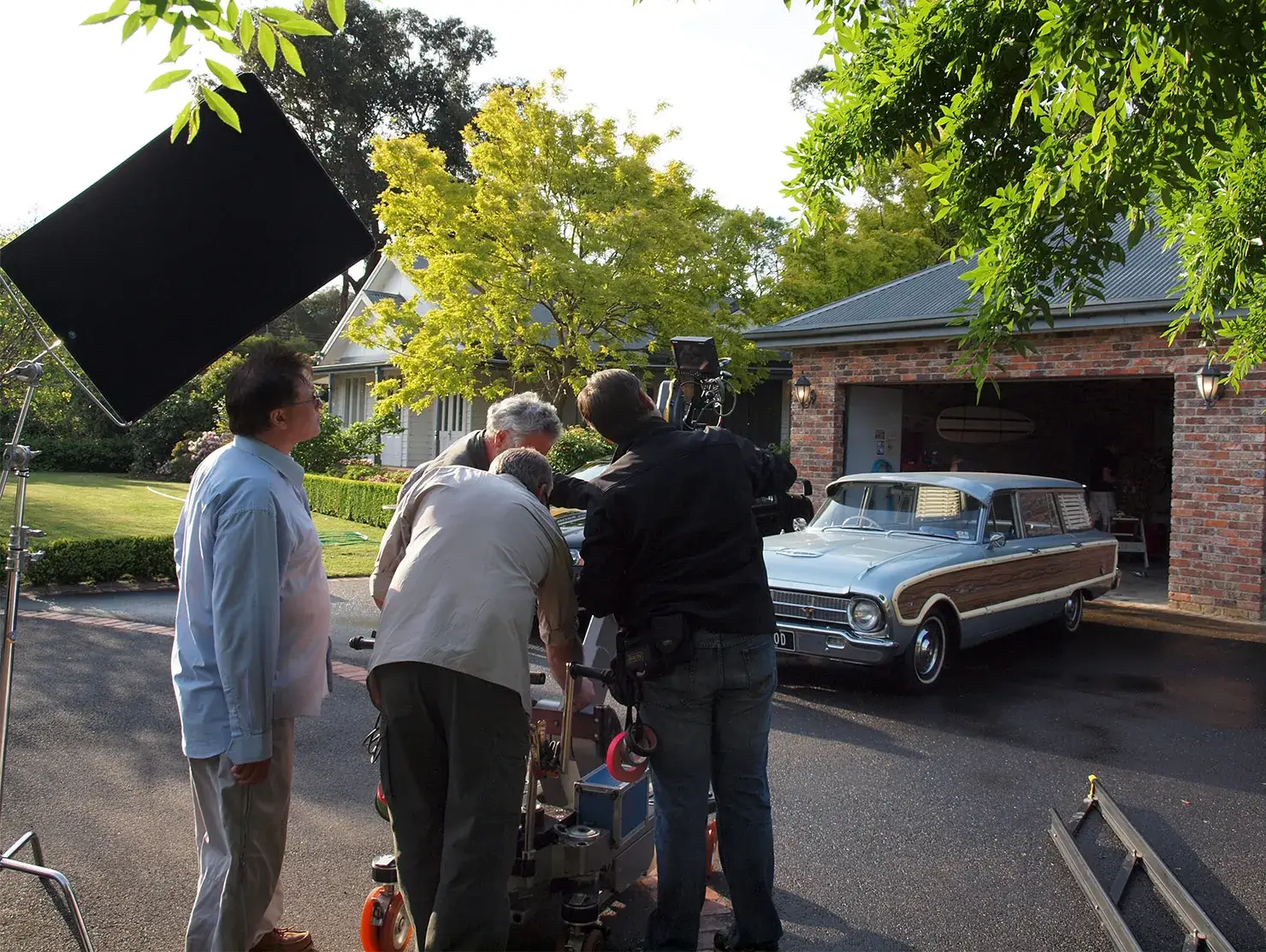 Film crew shooting a classic Ford Falcon Squire station wagon, behind the scenes of Shannons Insurance for Motoring Enthusiasts TV commercial.