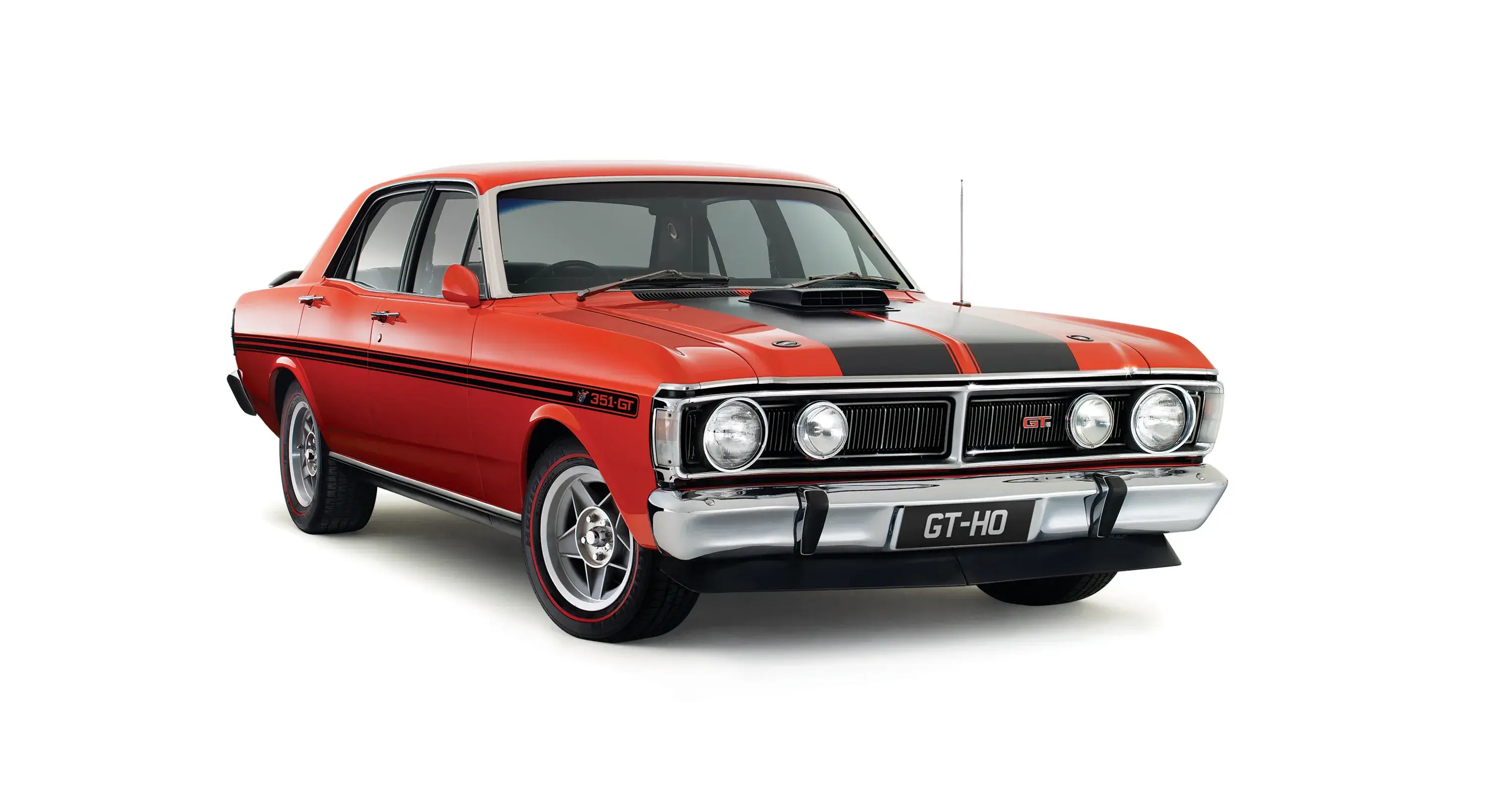 Red Ford Falcon GT-HO muscle car with black racing stripes, photographed in studio on white background - Shannons Vehicle Photography