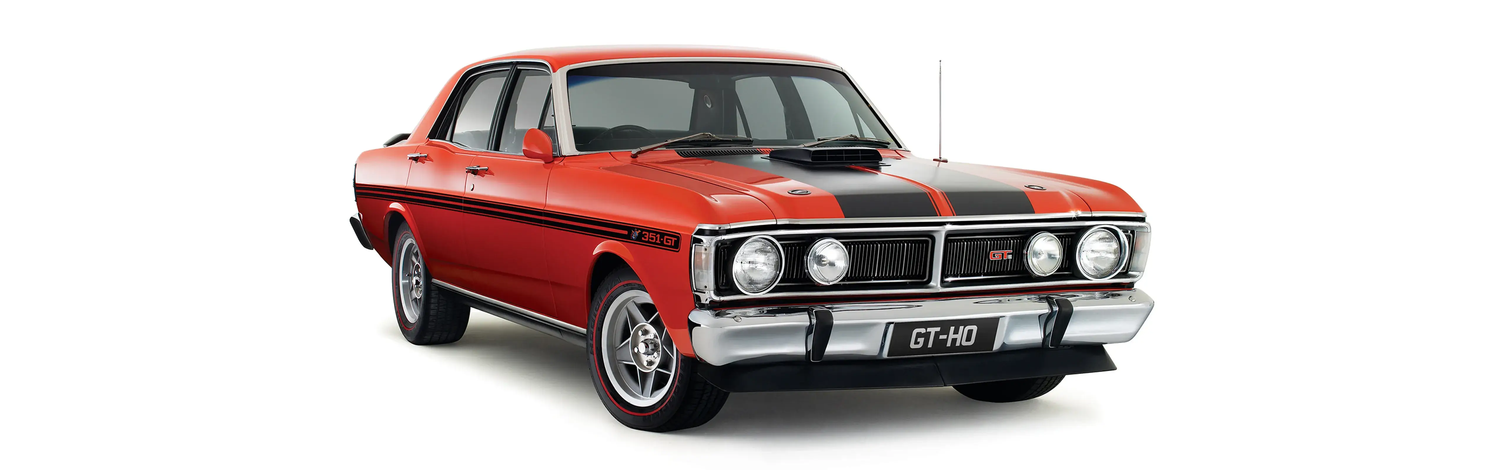 Red Ford Falcon GT-HO muscle car with black racing stripes, photographed in studio on white background - Shannons Vehicle Photography