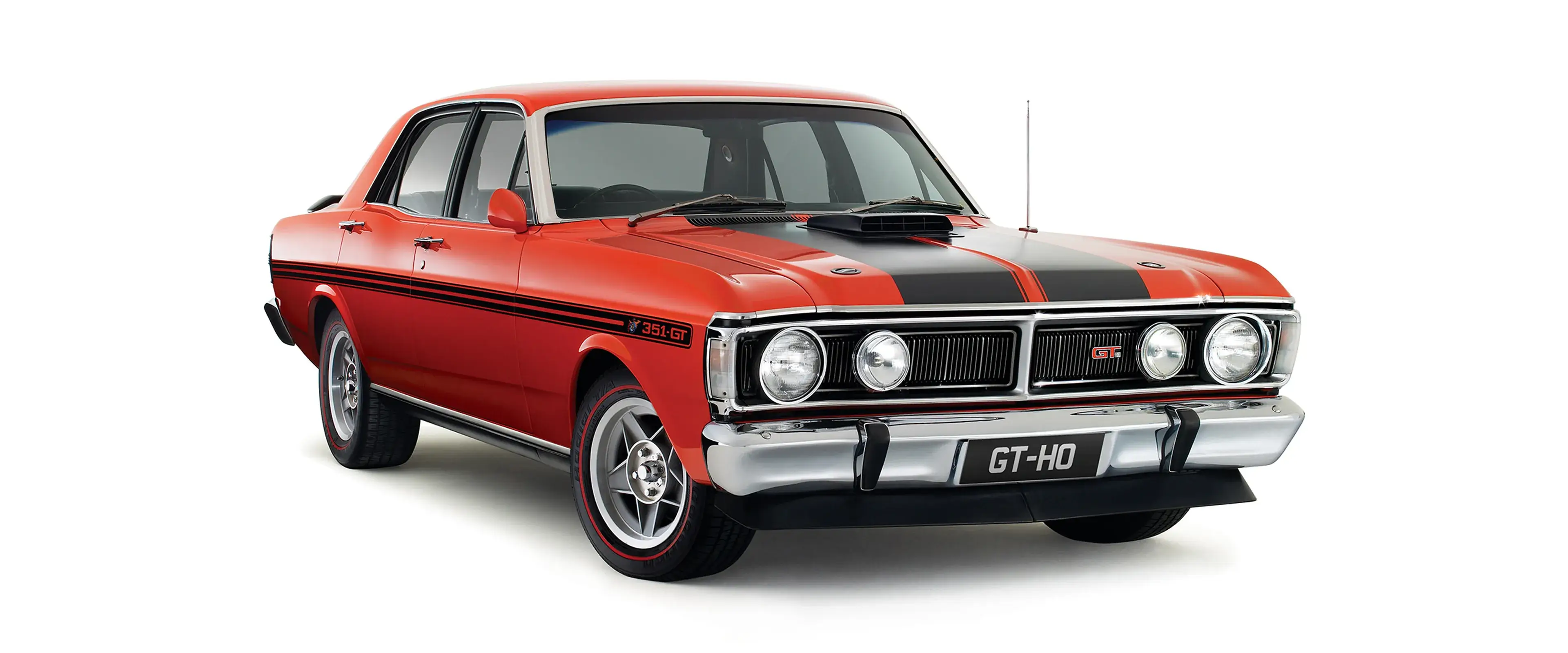 Red Ford Falcon GT-HO muscle car with black racing stripes, photographed in studio on white background - Shannons Vehicle Photography