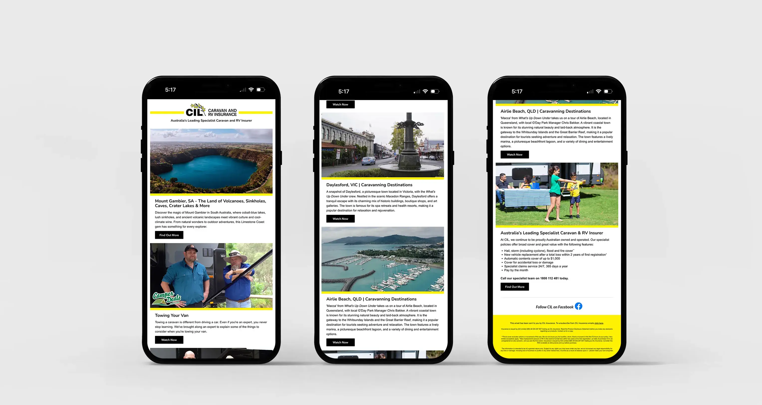 CIL email campaign displayed on three smartphones showcasing travel destinations and towing tips.