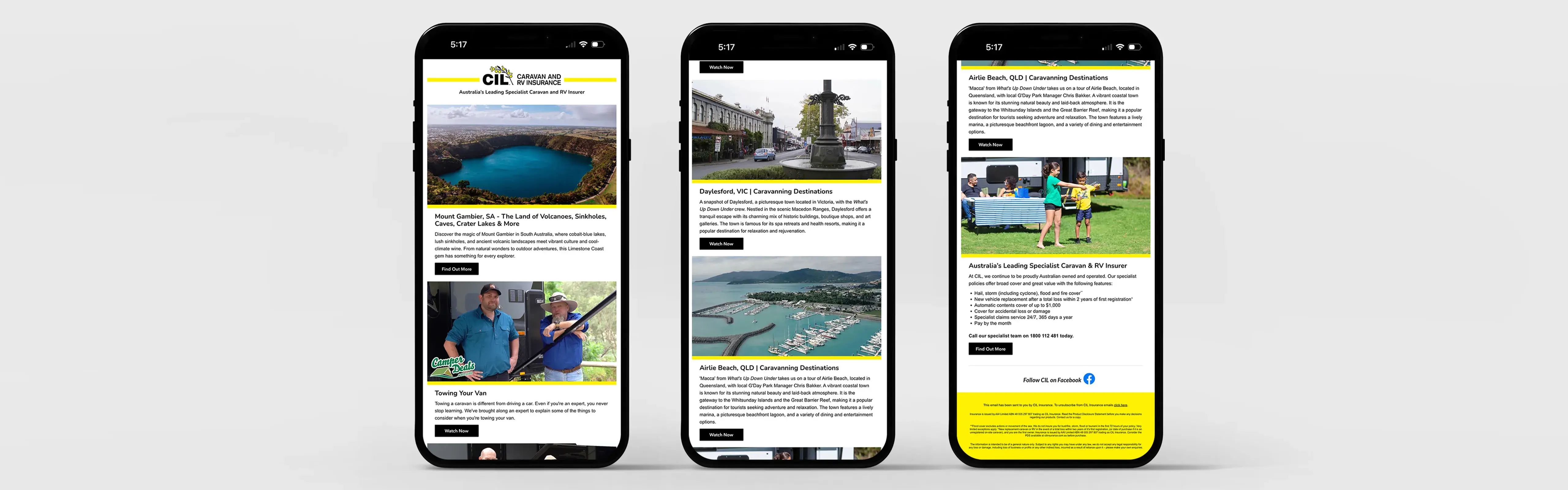 CIL email campaign displayed on three smartphones showcasing travel destinations and towing tips.
