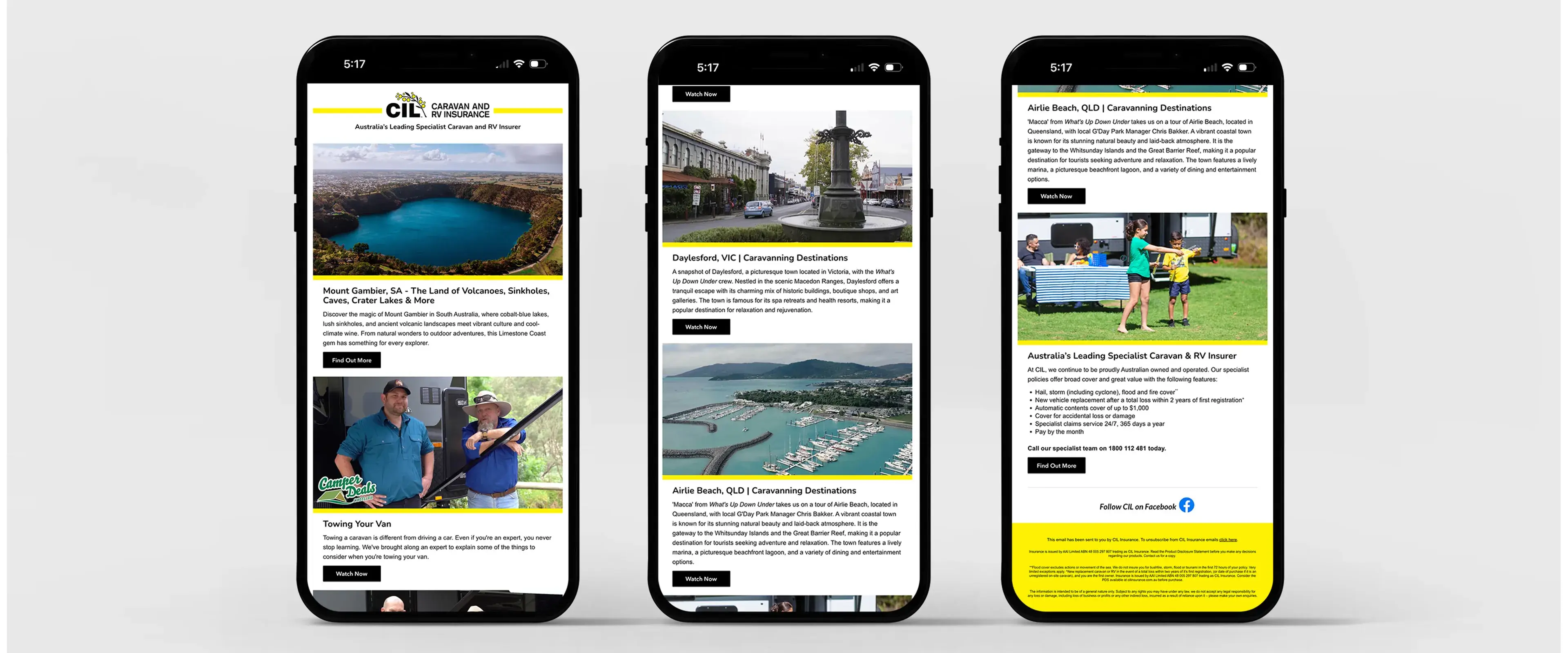 CIL email campaign displayed on three smartphones showcasing travel destinations and towing tips.