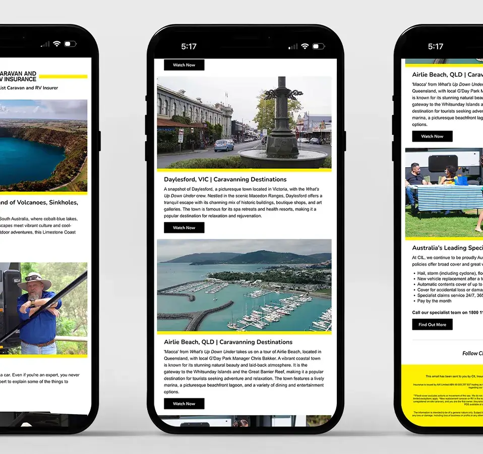 CIL email campaign displayed on three smartphones showcasing travel destinations and towing tips.