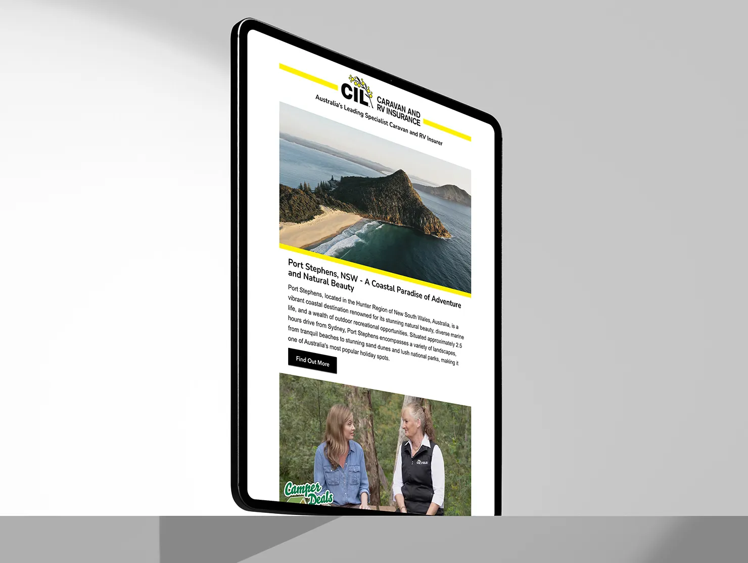 CIL email on tablet promoting Port Stephens caravan destination with scenic beach image.
