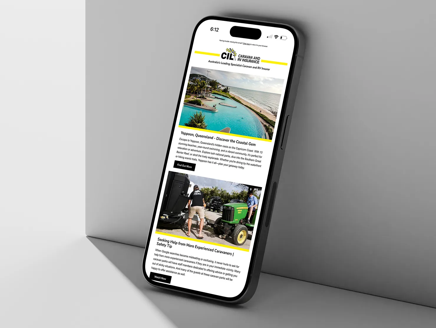 CIL email on smartphone featuring Yeppoon destination and caravanning safety tips.