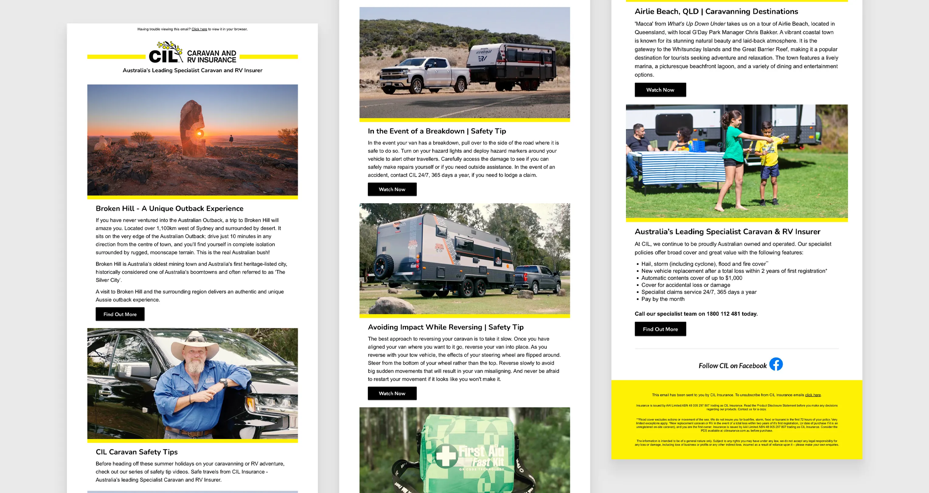 Full layout of CIL email newsletter highlighting Broken Hill, Airlie Beach, and safety advice.