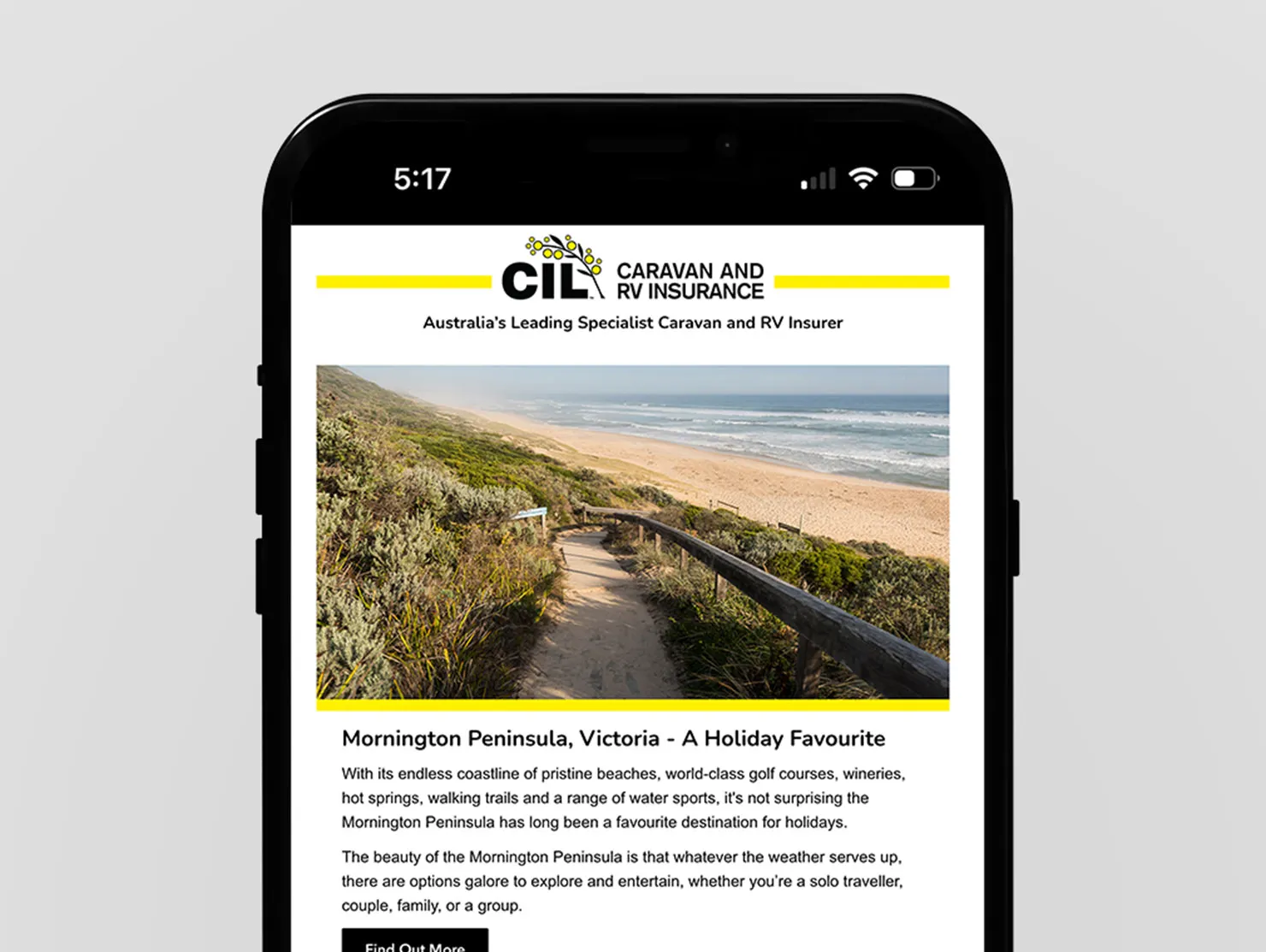 Close-up of CIL email on smartphone showcasing Mornington Peninsula travel feature.