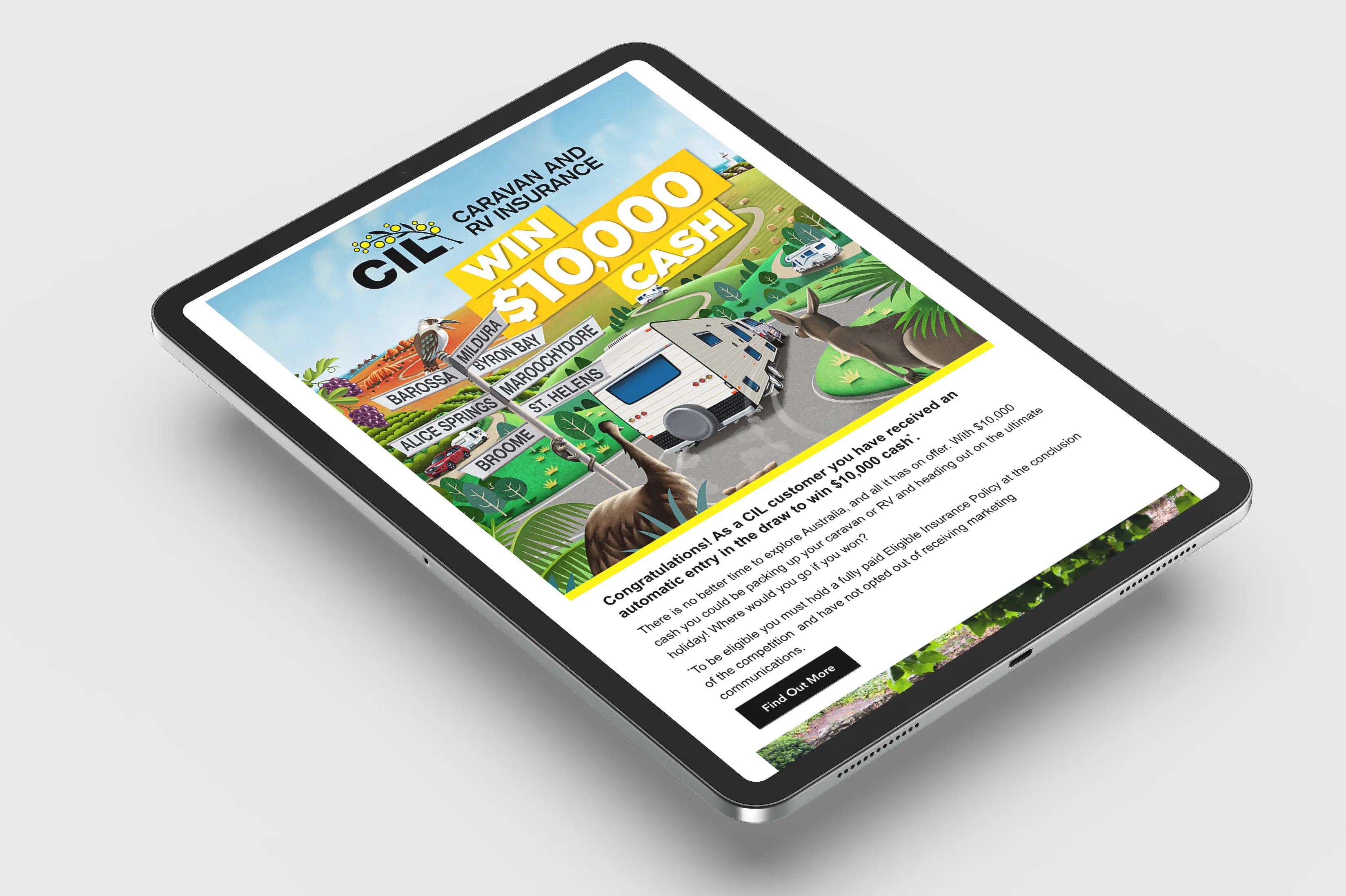 CIL competition email on tablet promoting cash prize with illustrated caravan scene.