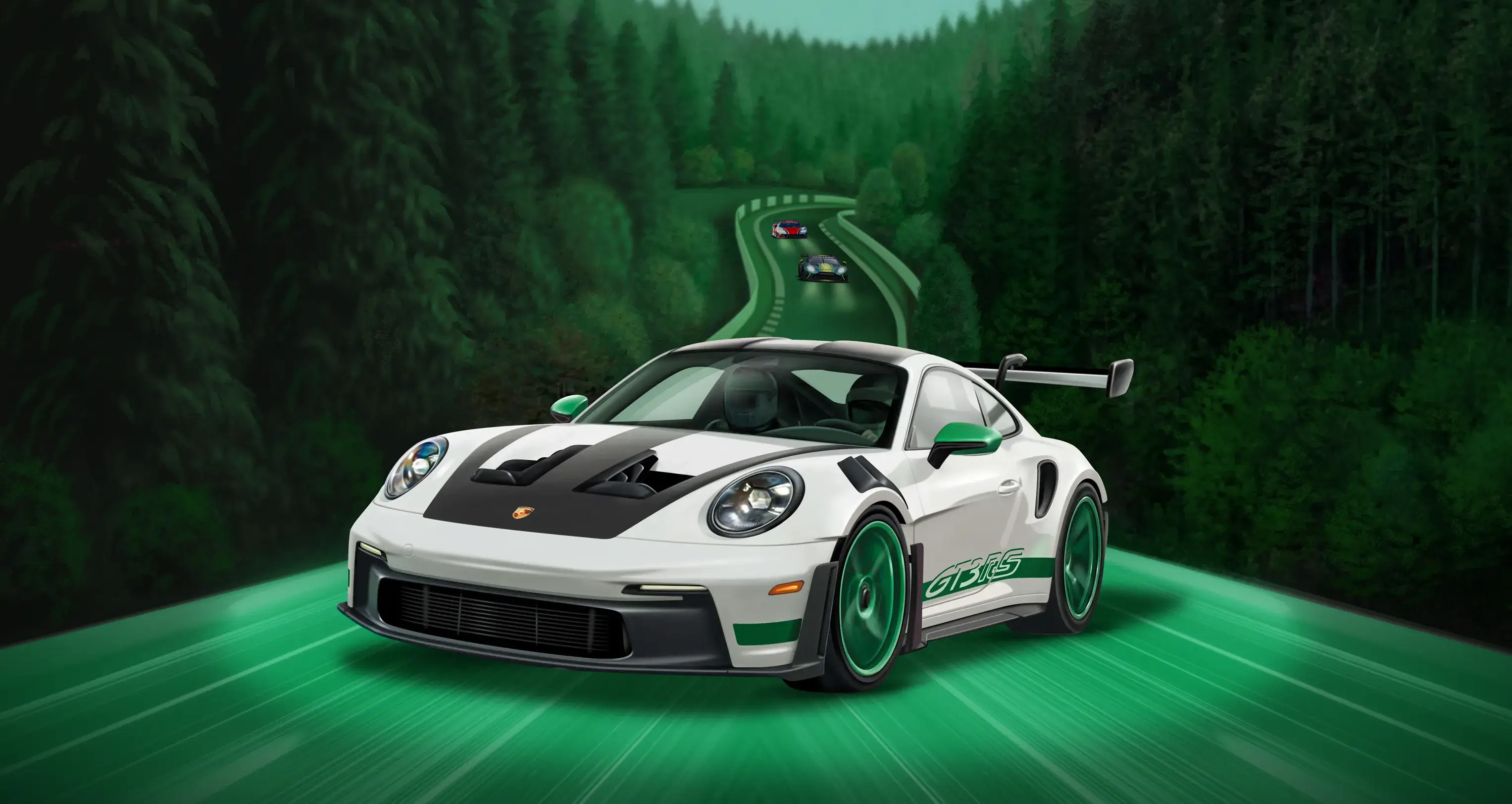 Shannons Nürburgring competition hero image featuring Porsche 911 GT3 RS driving through the Nürburgring forest with race cars in the background.