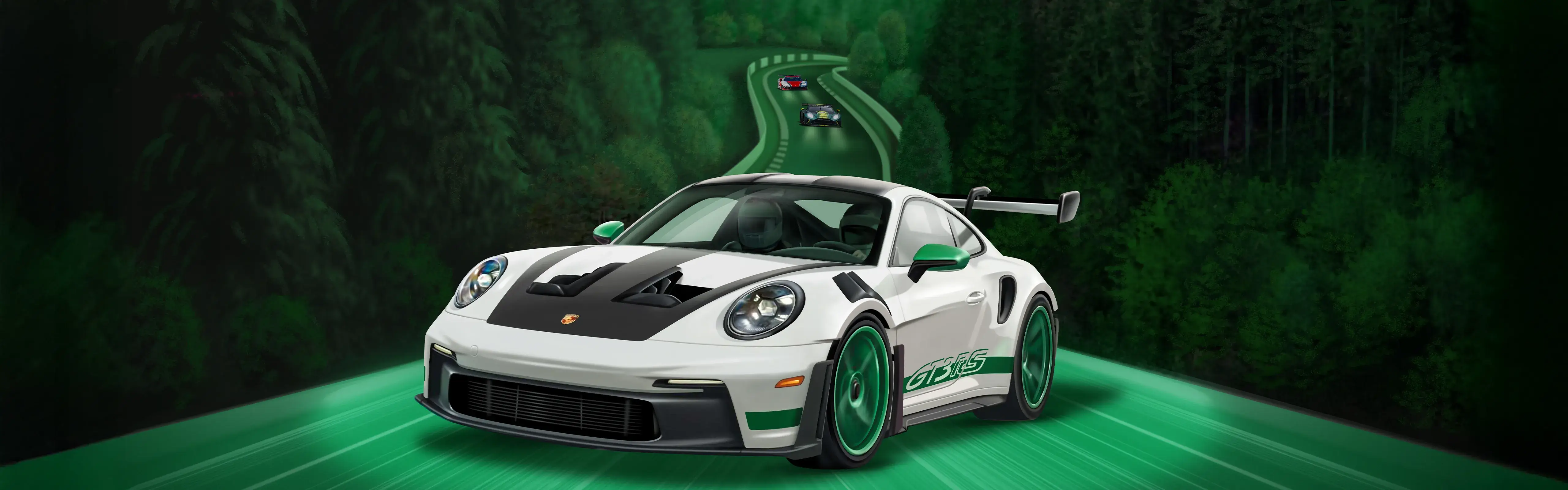 Shannons Nürburgring competition hero image featuring Porsche 911 GT3 RS driving through the Nürburgring forest with race cars in the background.