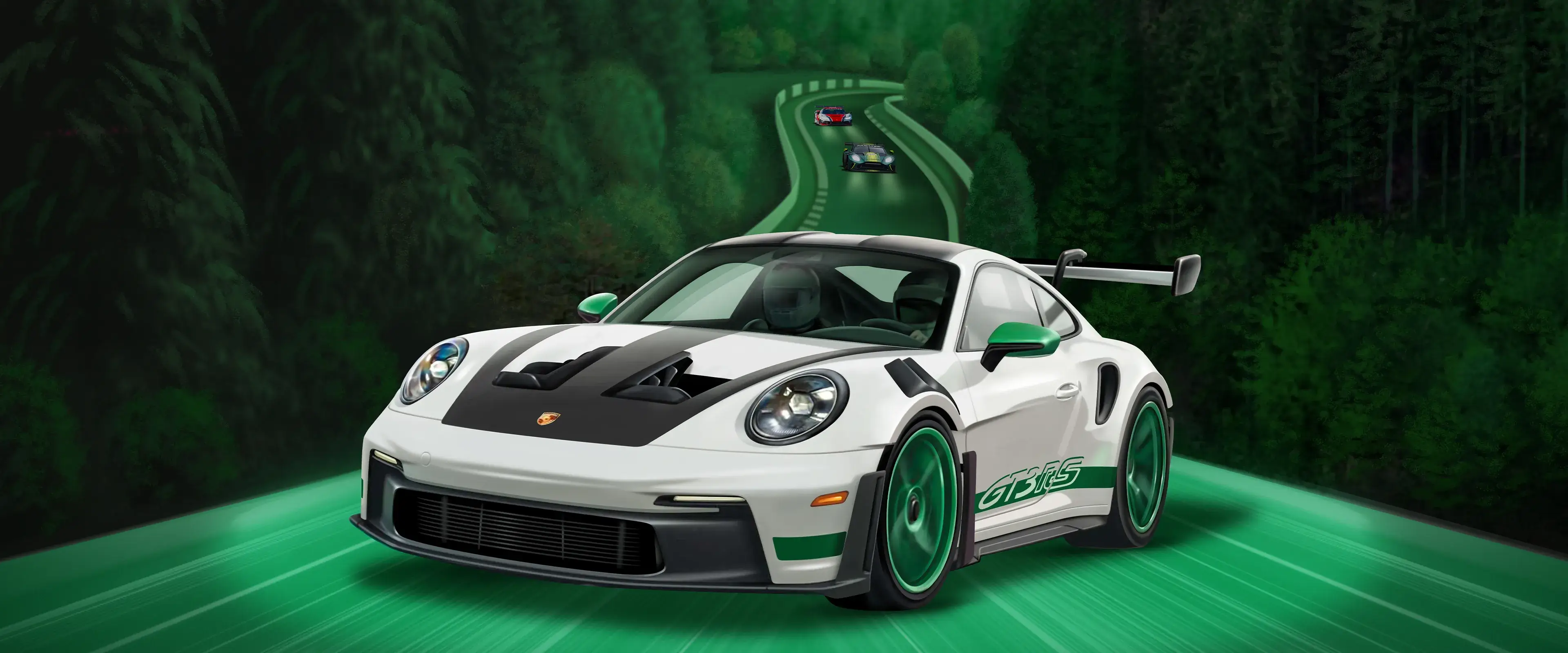 Shannons Nürburgring competition hero image featuring Porsche 911 GT3 RS driving through the Nürburgring forest with race cars in the background.